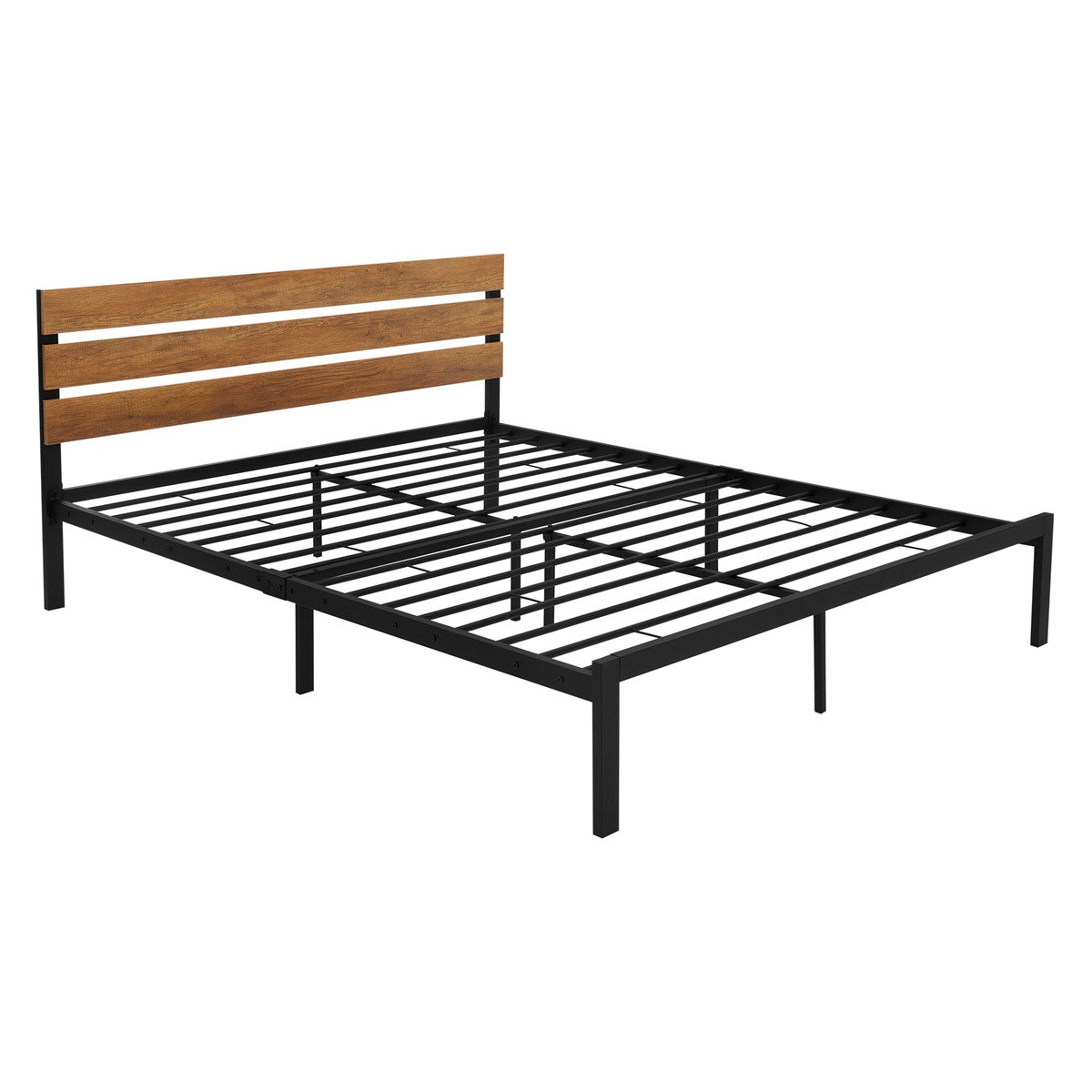 Black bed frame with a wooden headboard.