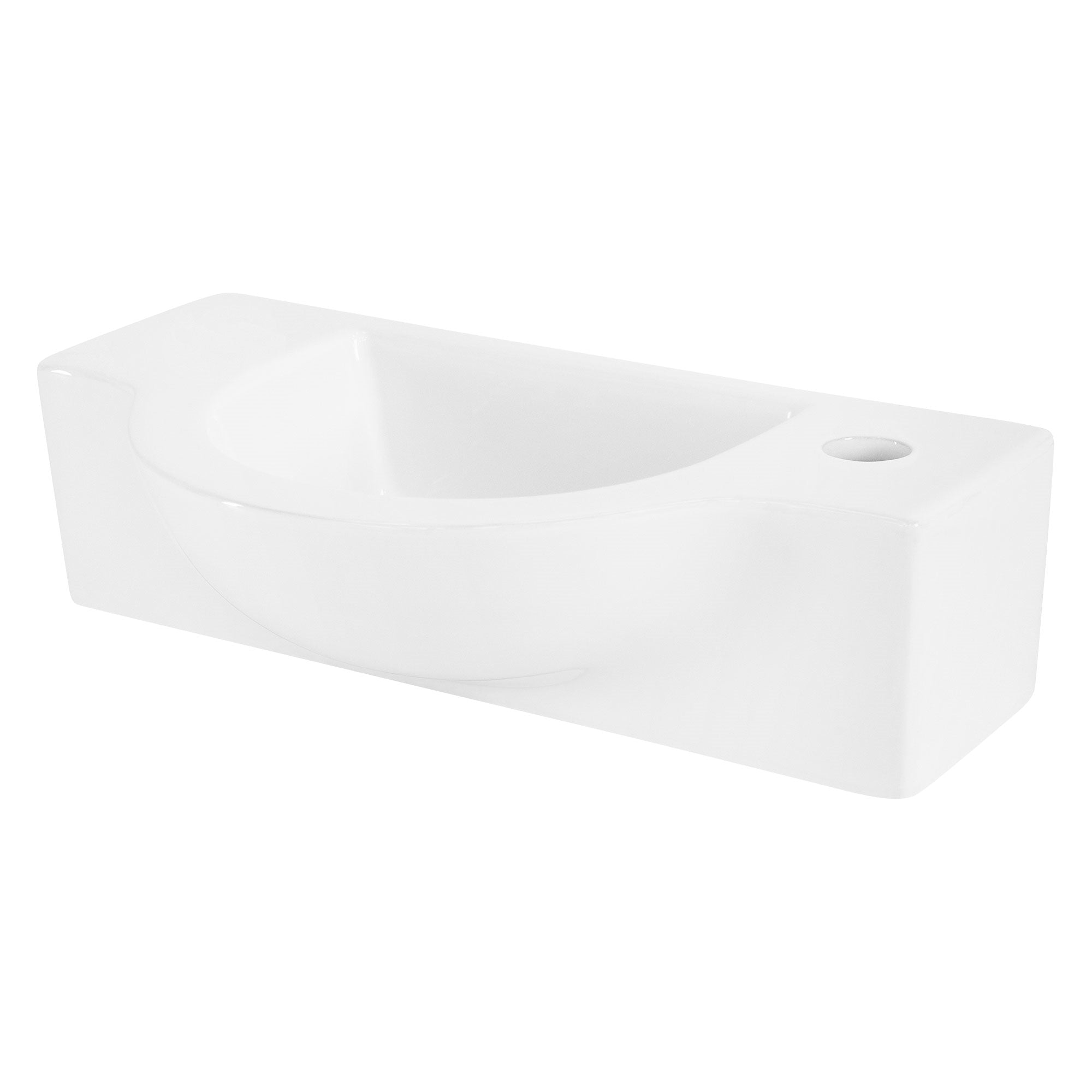 Weißes Waschbecken in ovaler Form auf einem Holzregal.