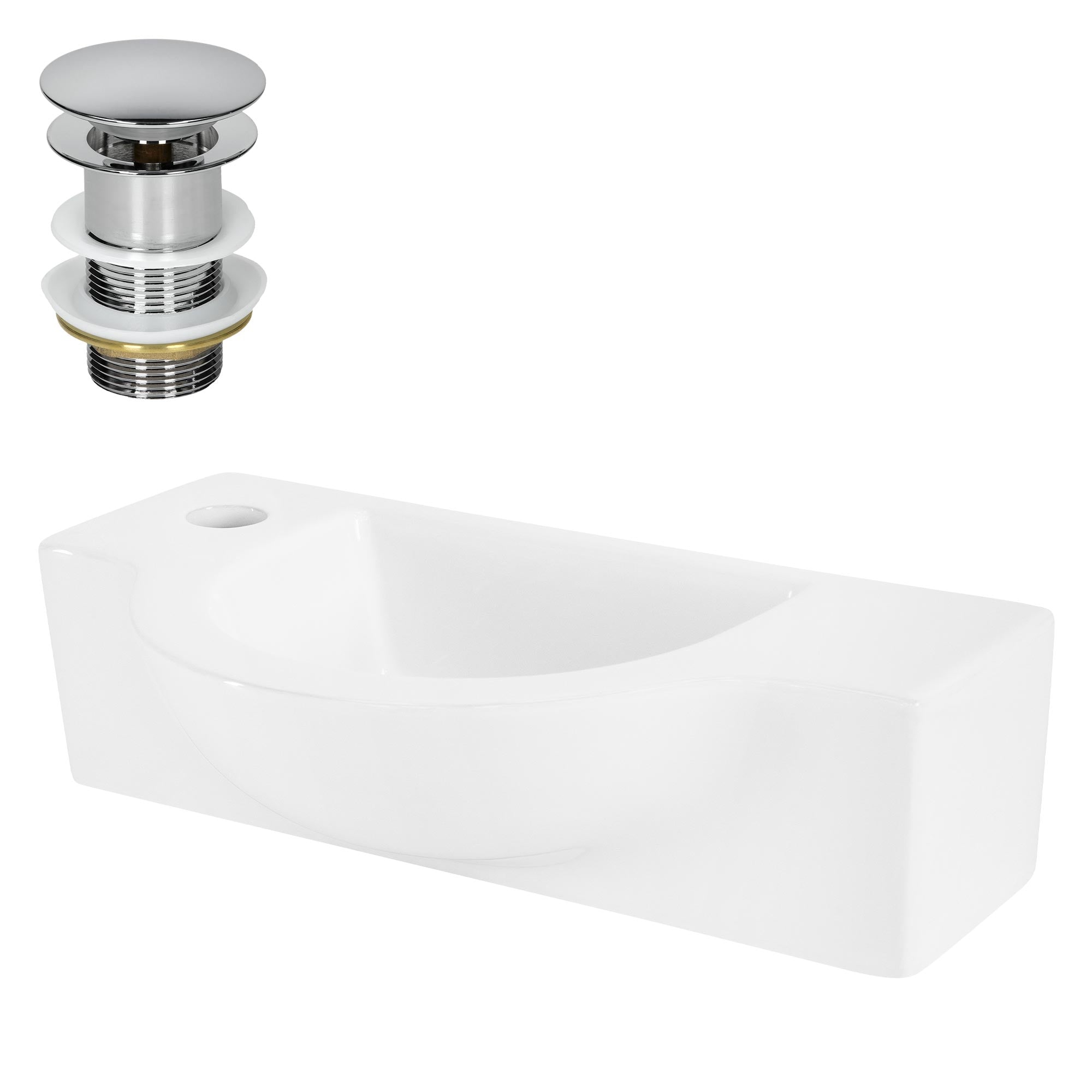 Lavabo avec vanne d'évacuation chromée et trou d'évacuation latéral.