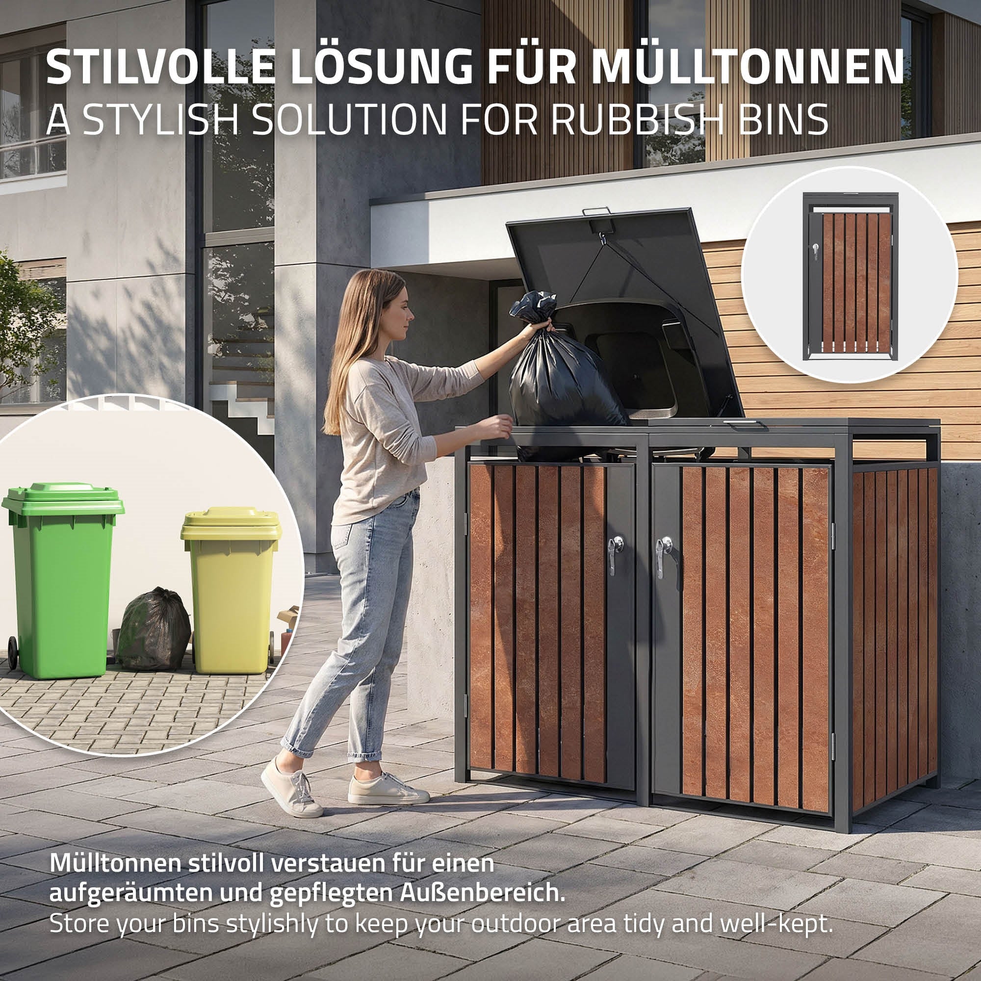 Eine Frau öffnet eine Mülltonne mit Holzverkleidung, daneben stehen zwei weitere Mül