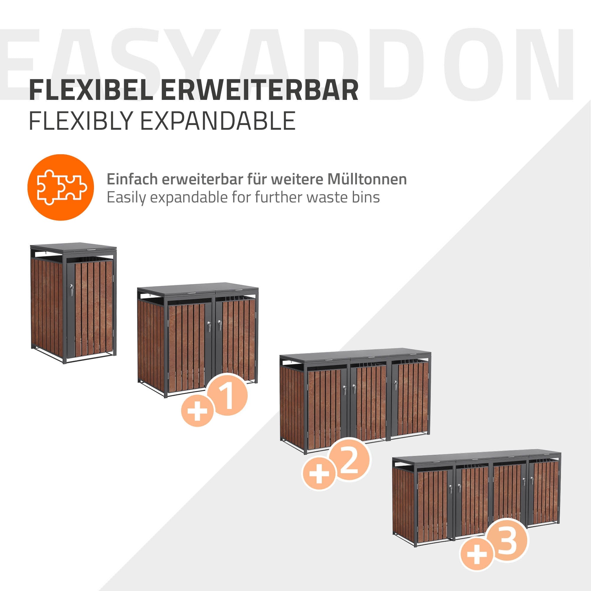 Zwei Mülltonnenboxen, eine erweiterbar, mit Holzoptik und Metallrahmen.