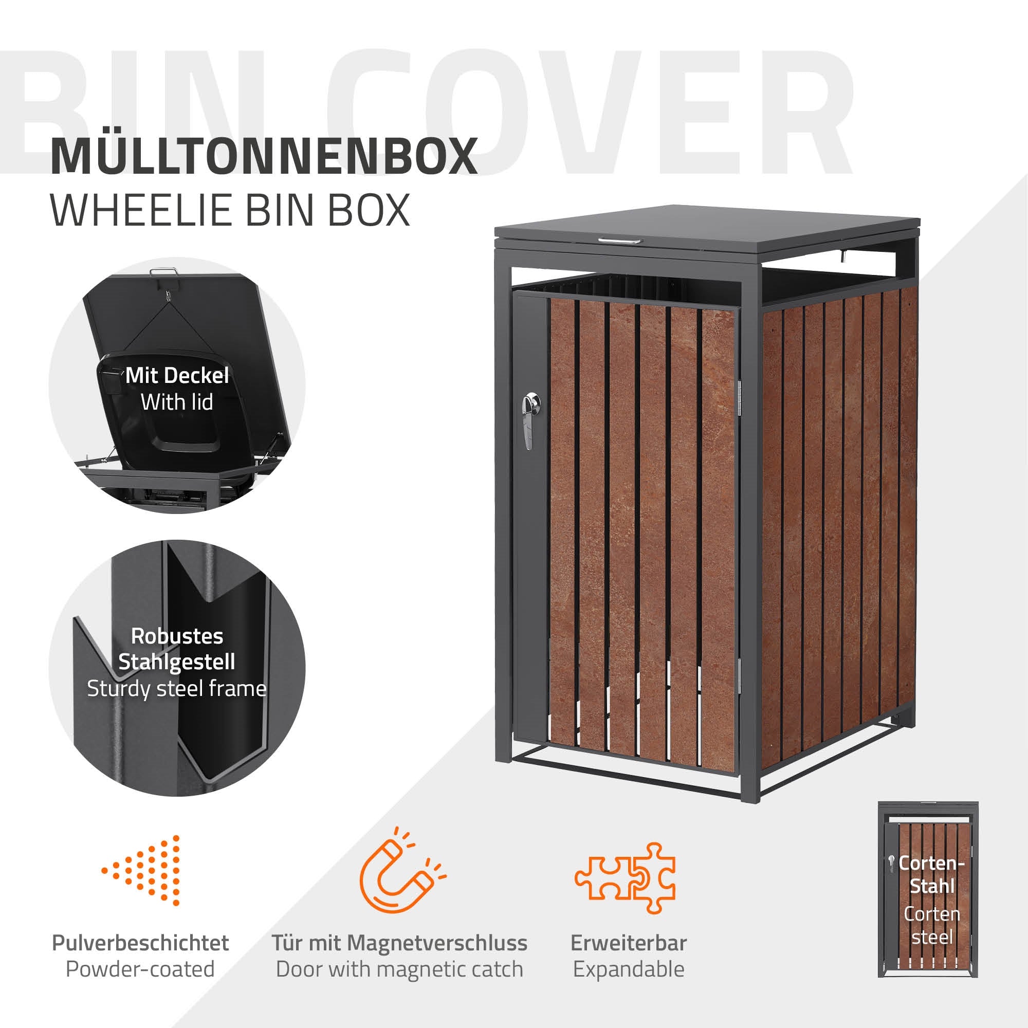 Mülltonnenbox mit Deckel und robustem Stahlrahmen.