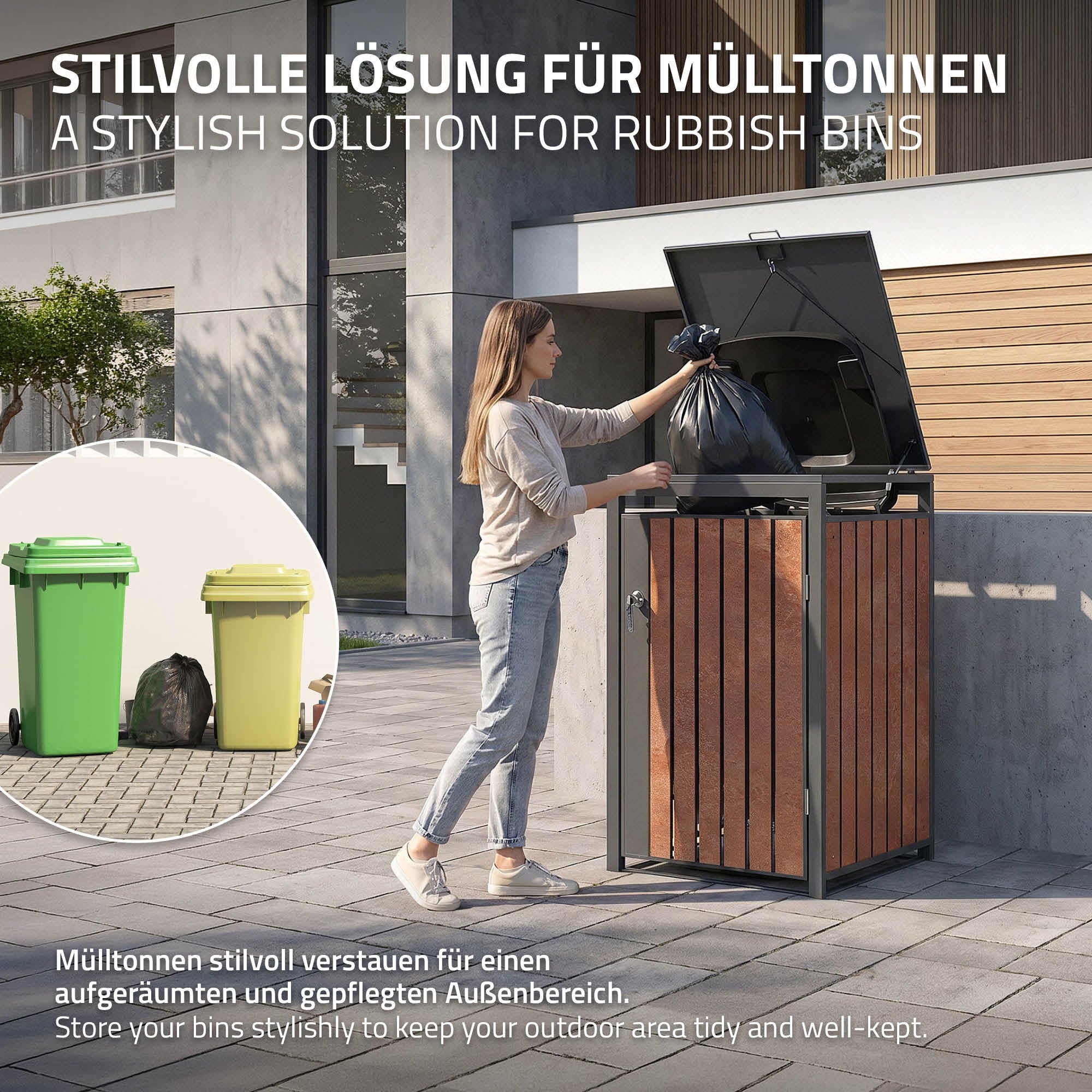 Frau entsorgt Müll in eine stilvolle Mülltonne vor einem modernen Gebäude.