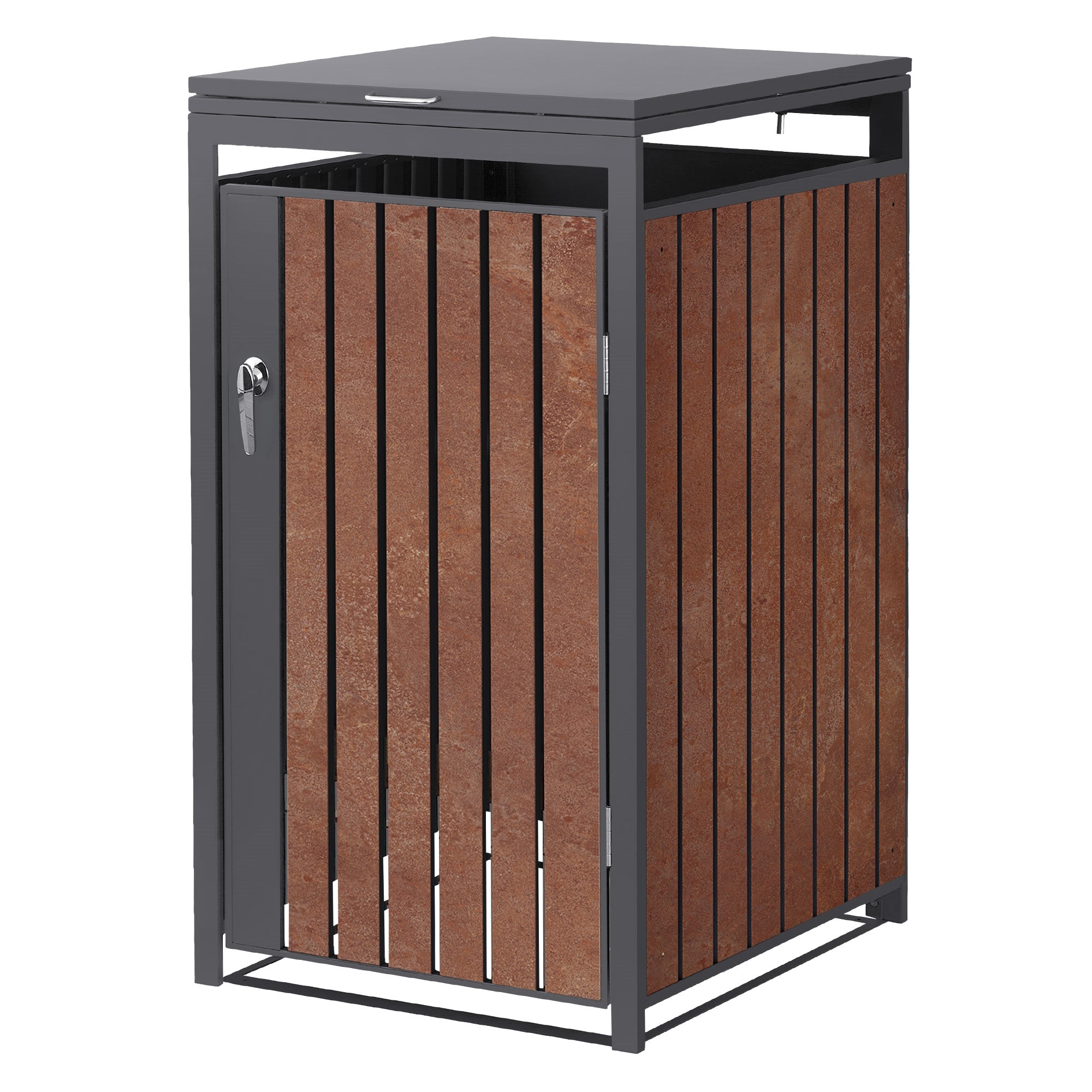 Mülltonnenbox mit Holzoptik und Metallrahmen, geschlossen.