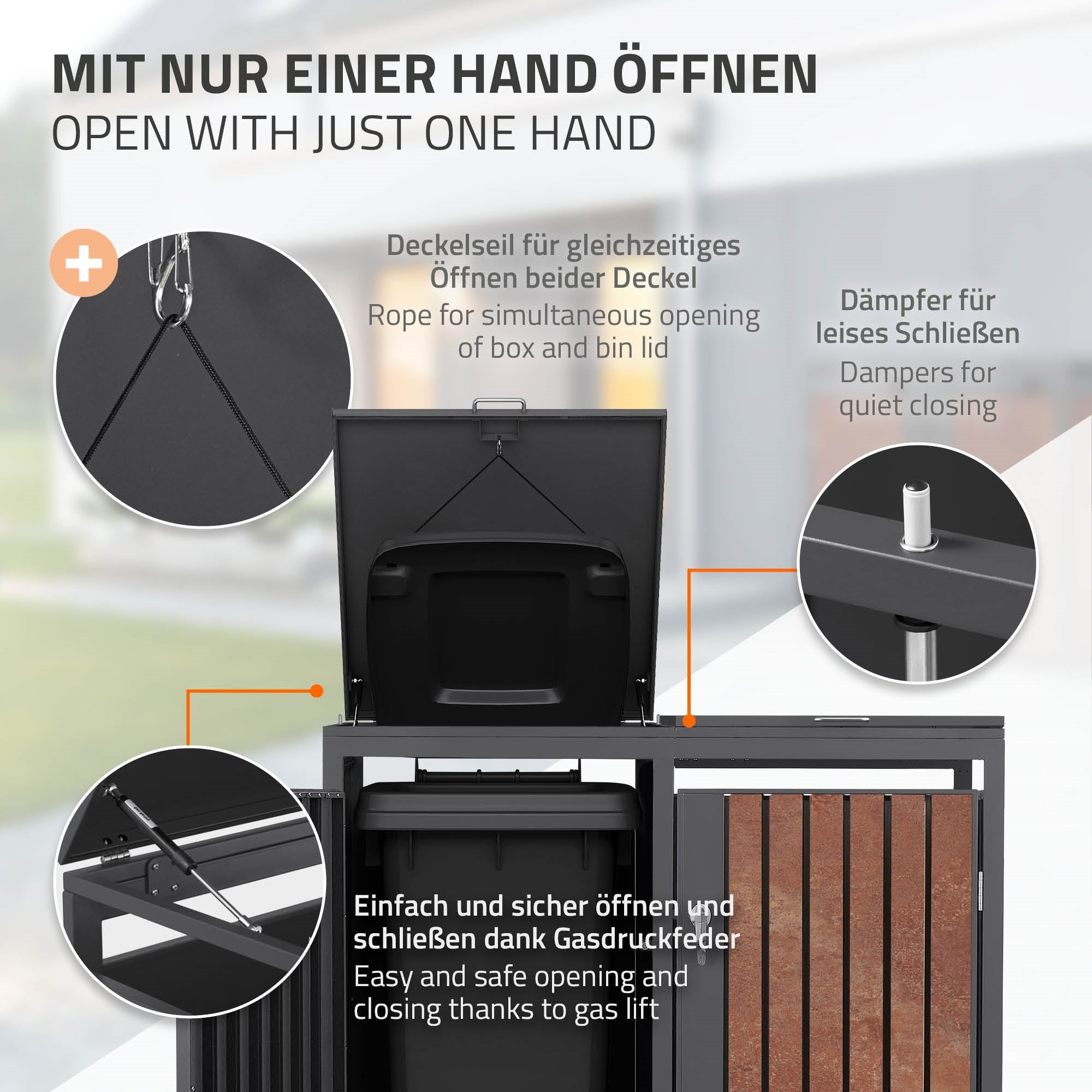 Deckel eines Abfallbehälters mit Dämpfer für leises Schließen.
