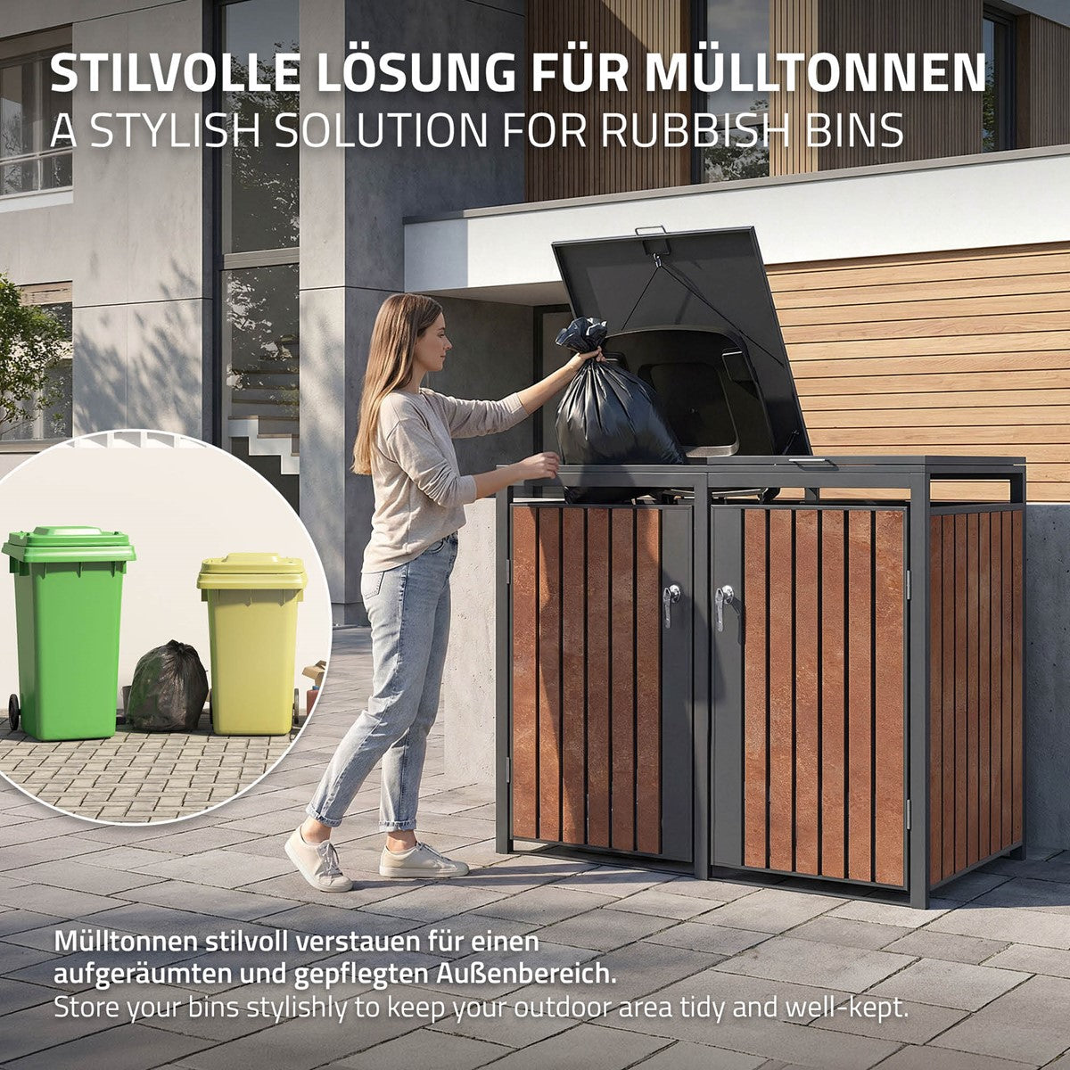 A person opens a trash can box while two trash cans are visible.