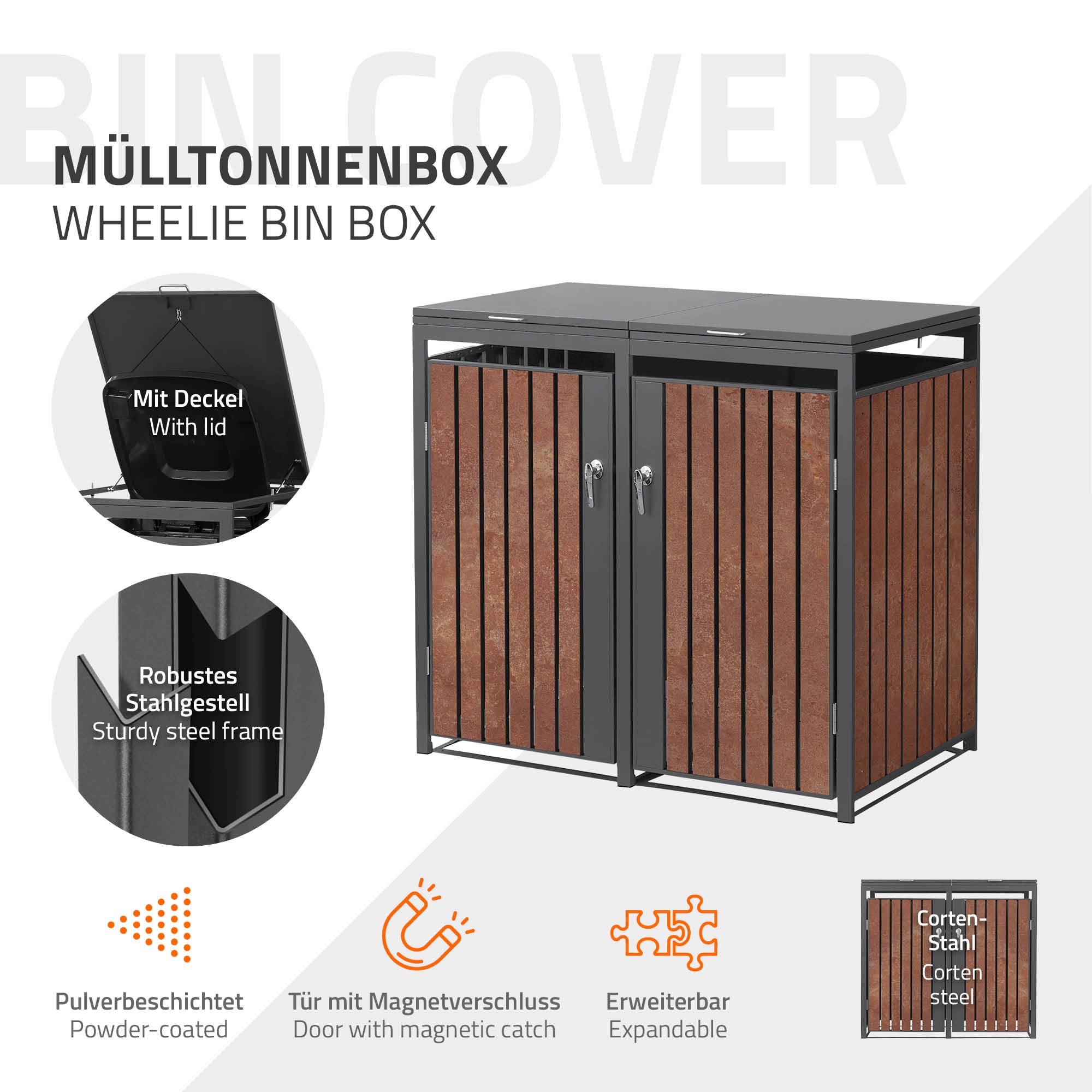 Mülltonnenbox mit zwei Fächern und einem Deckel, aus Stahl und Holz.