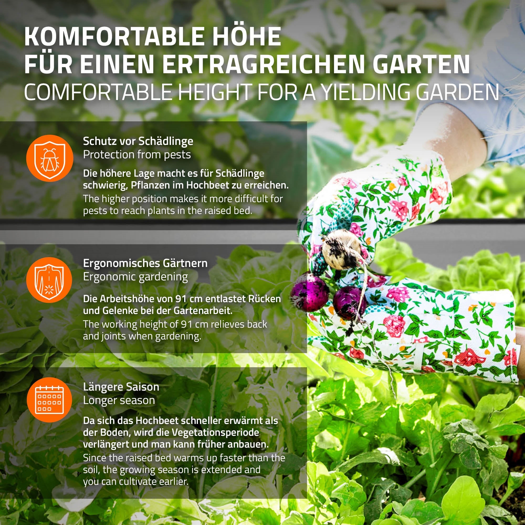 Grafik mit Informationen über ergonomisches Gärtnern und Schutz vor Schädlingen.