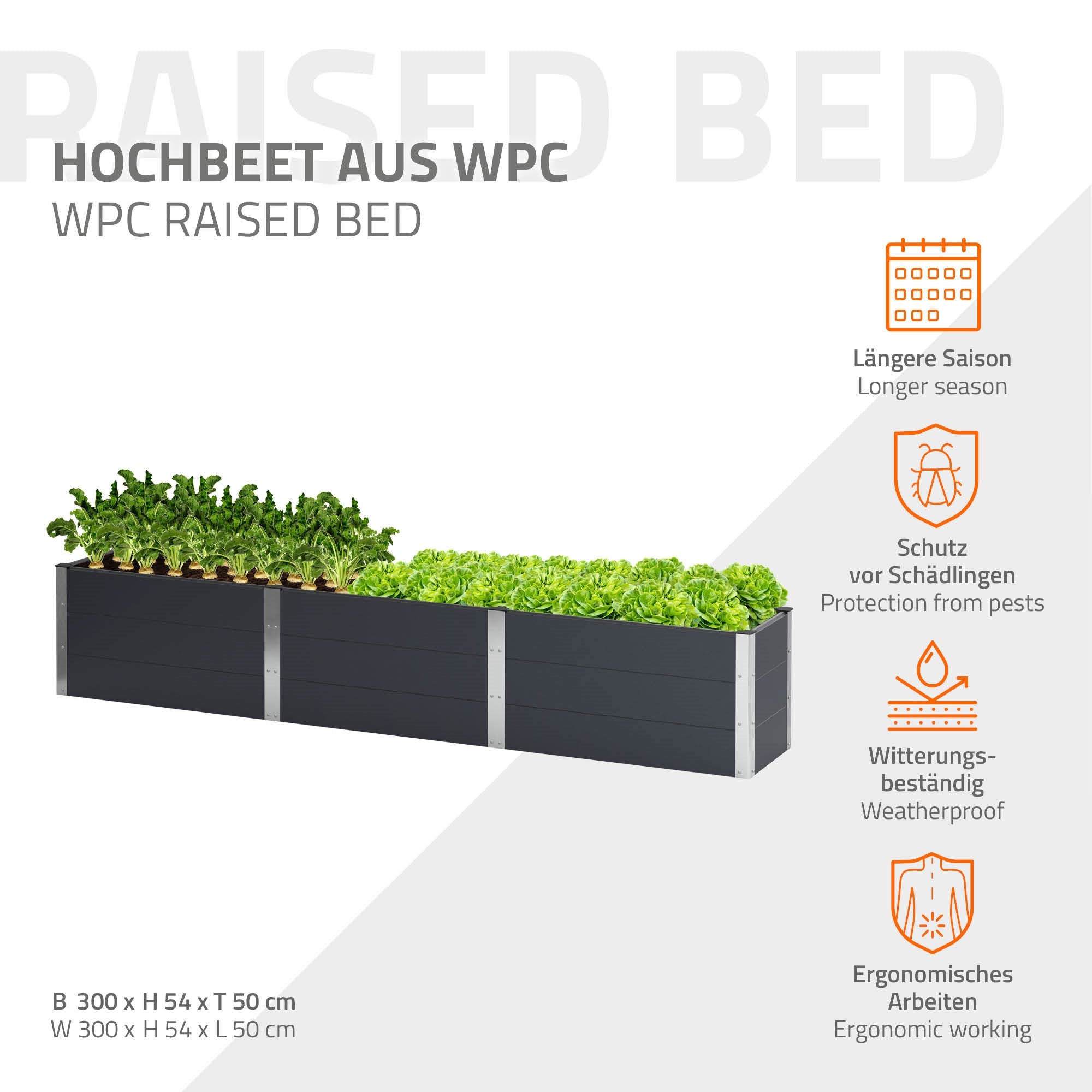 WPC-ből készült magaságyás növényekkel és az előnyökről szóló információkkal.