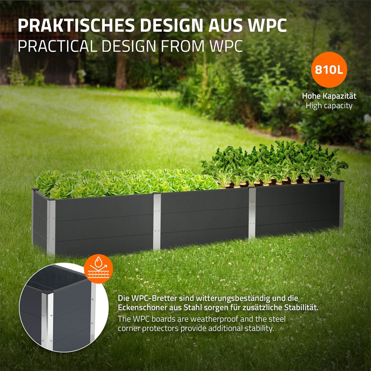 Hochbeet aus WPC mit Pflanzen, zeigt hohe Kapazität und Stabilität.