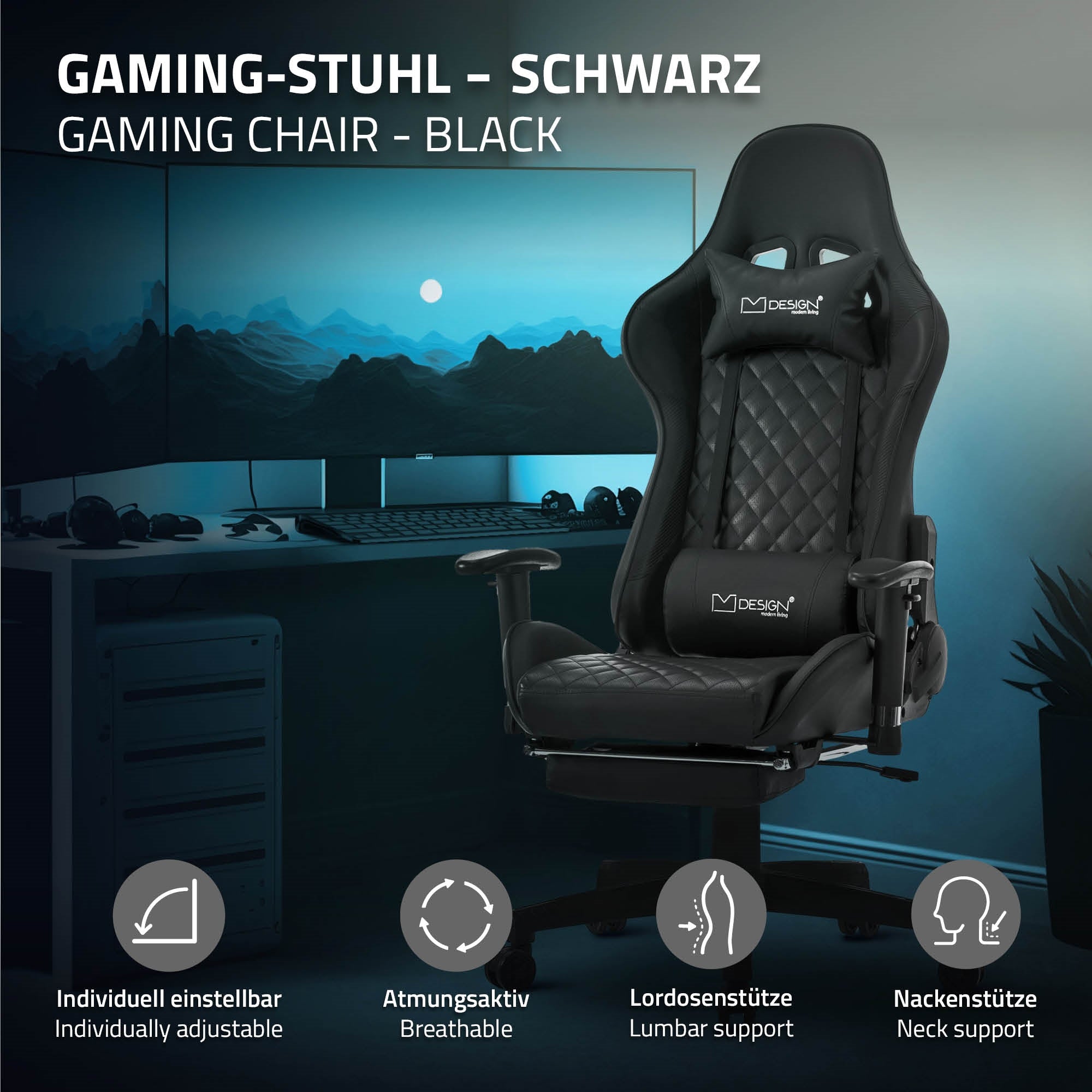 Grafik eines schwarzen Gaming-Stuhls mit beschrifteten Funktionen und einem Computerbildschirm.