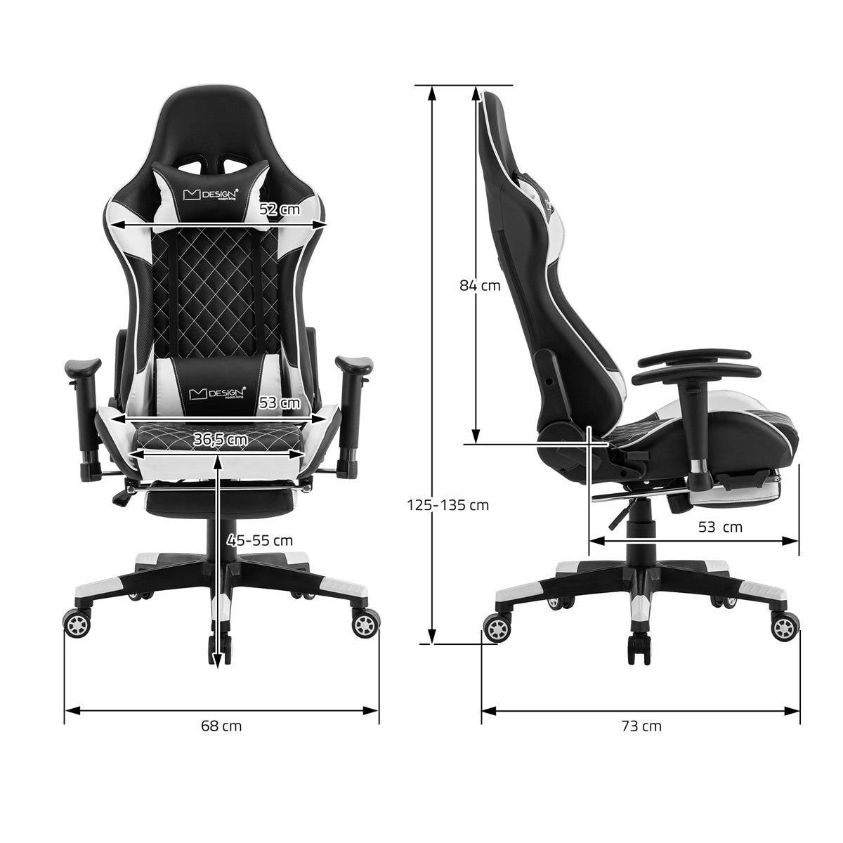 Egy gaming szék méretrajza a magasság- és szélességadatokkal.