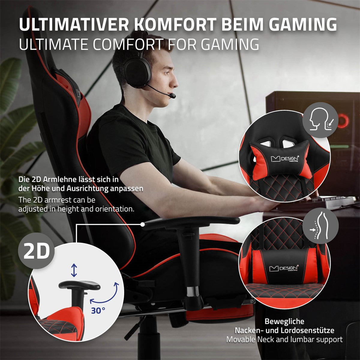 Ein Gamer sitzt in einem Stuhl mit 2D Armlehnen und Nackenstütze in Rot.
