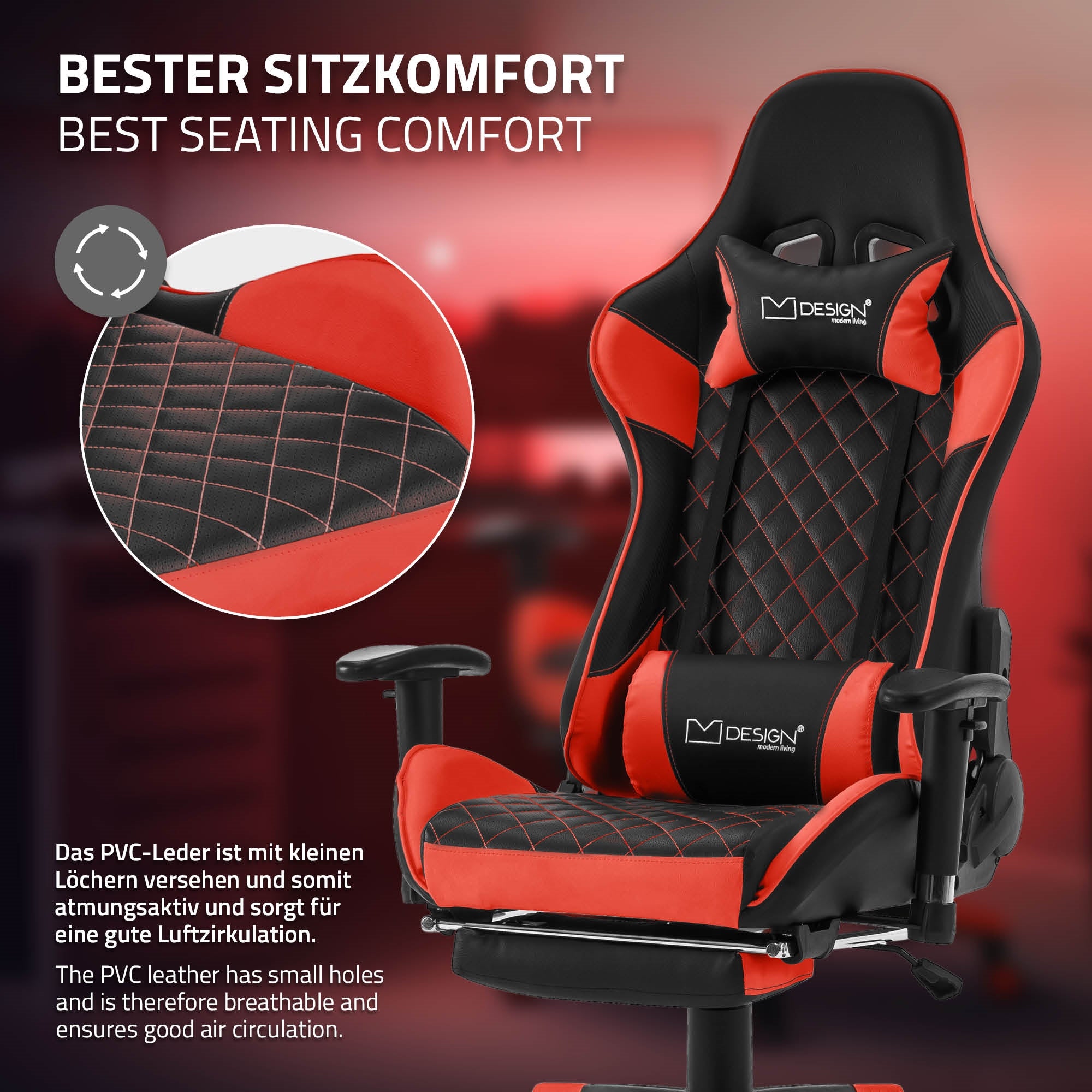 Schwarzer Gaming-Stuhl mit roten Akzenten und ergonomischem Design.