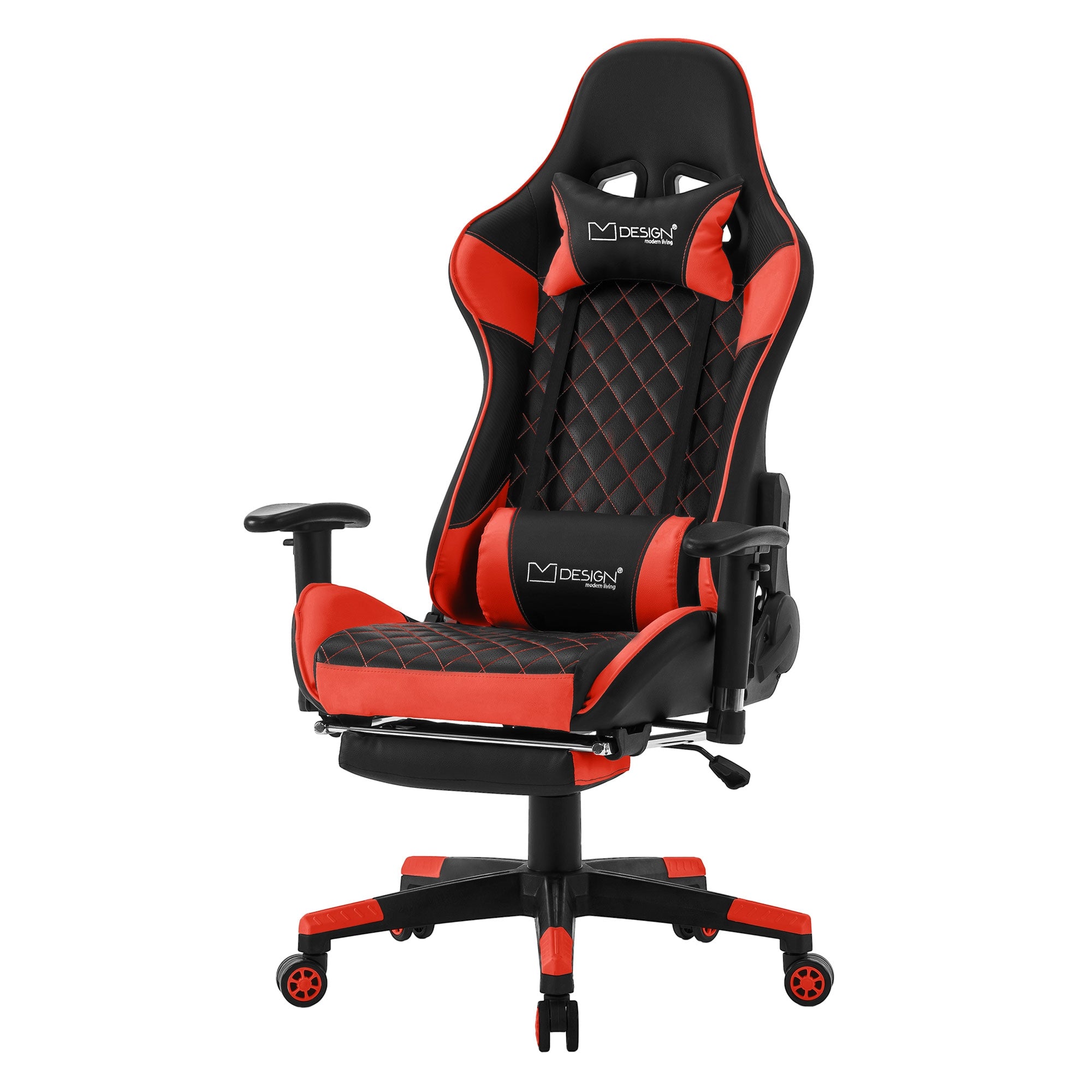 Schwarzer Gaming-Stuhl mit roten Akzenten auf einem drehbaren Fuß.