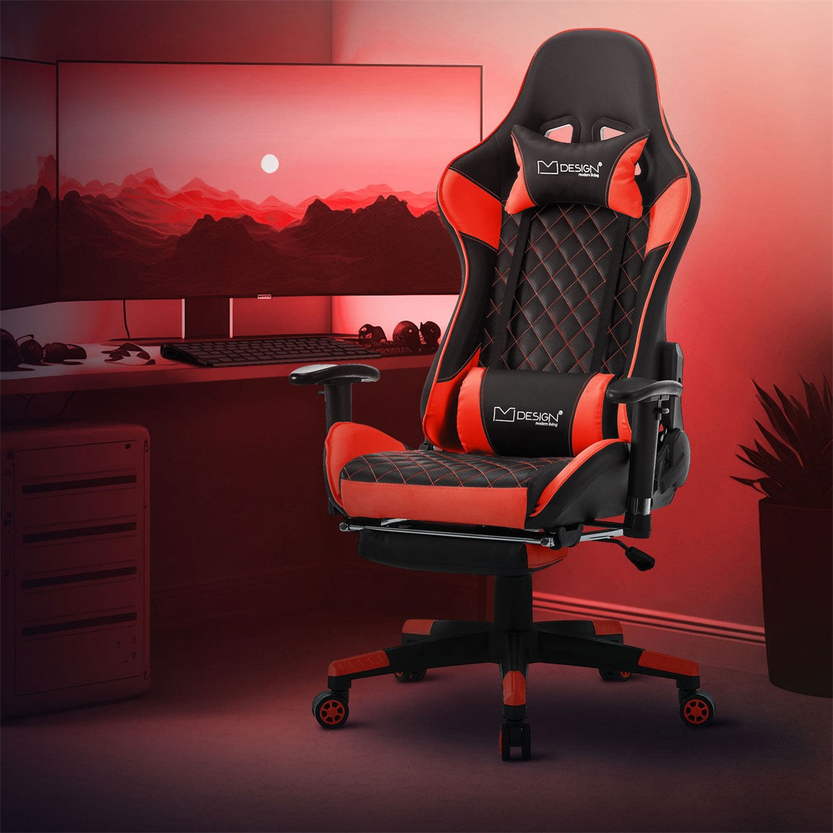 Schwarzer Gaming-Stuhl mit roten Akzenten vor einem Computerbildschirm.