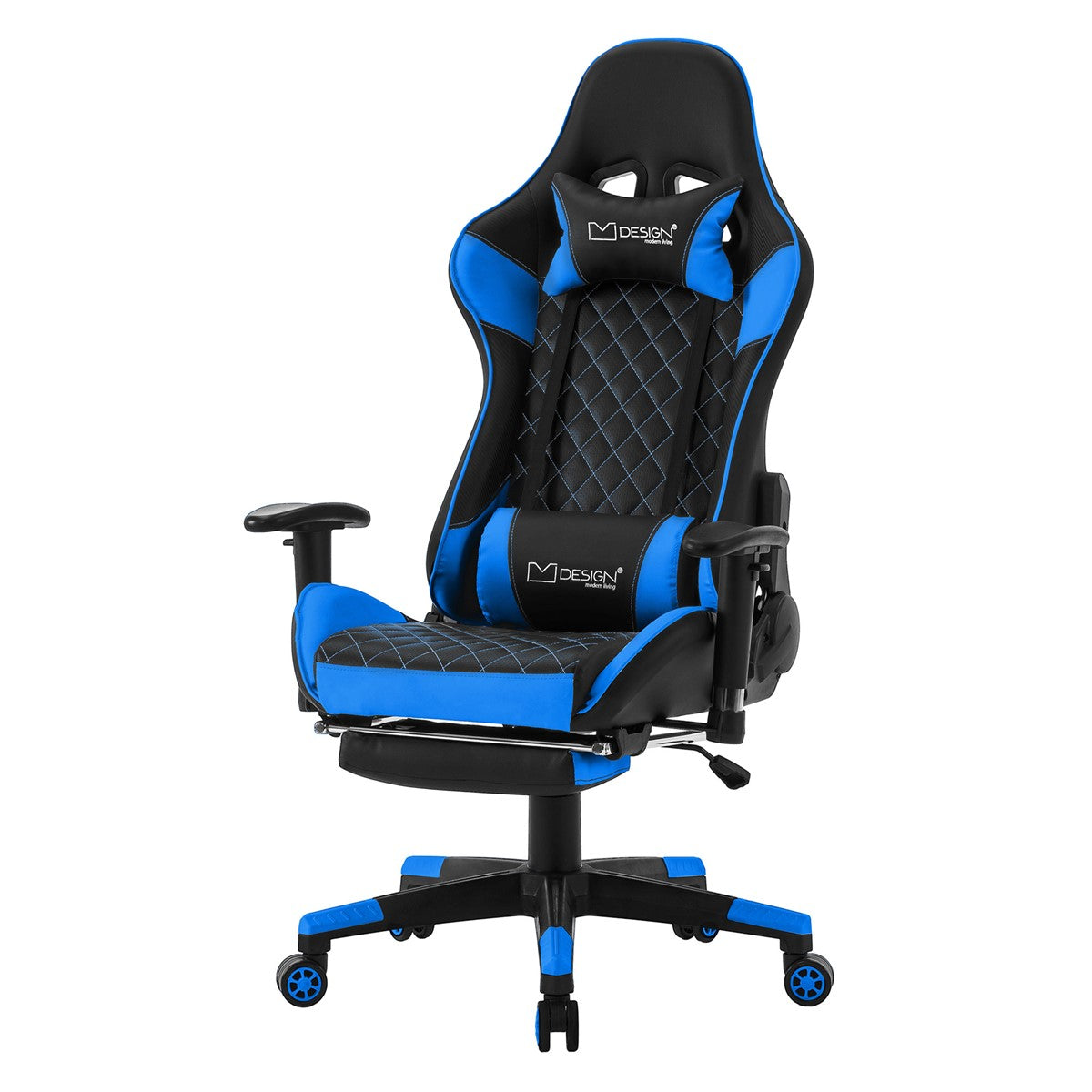 Una silla gaming negra con detalles azules y reposabrazos ajustables.