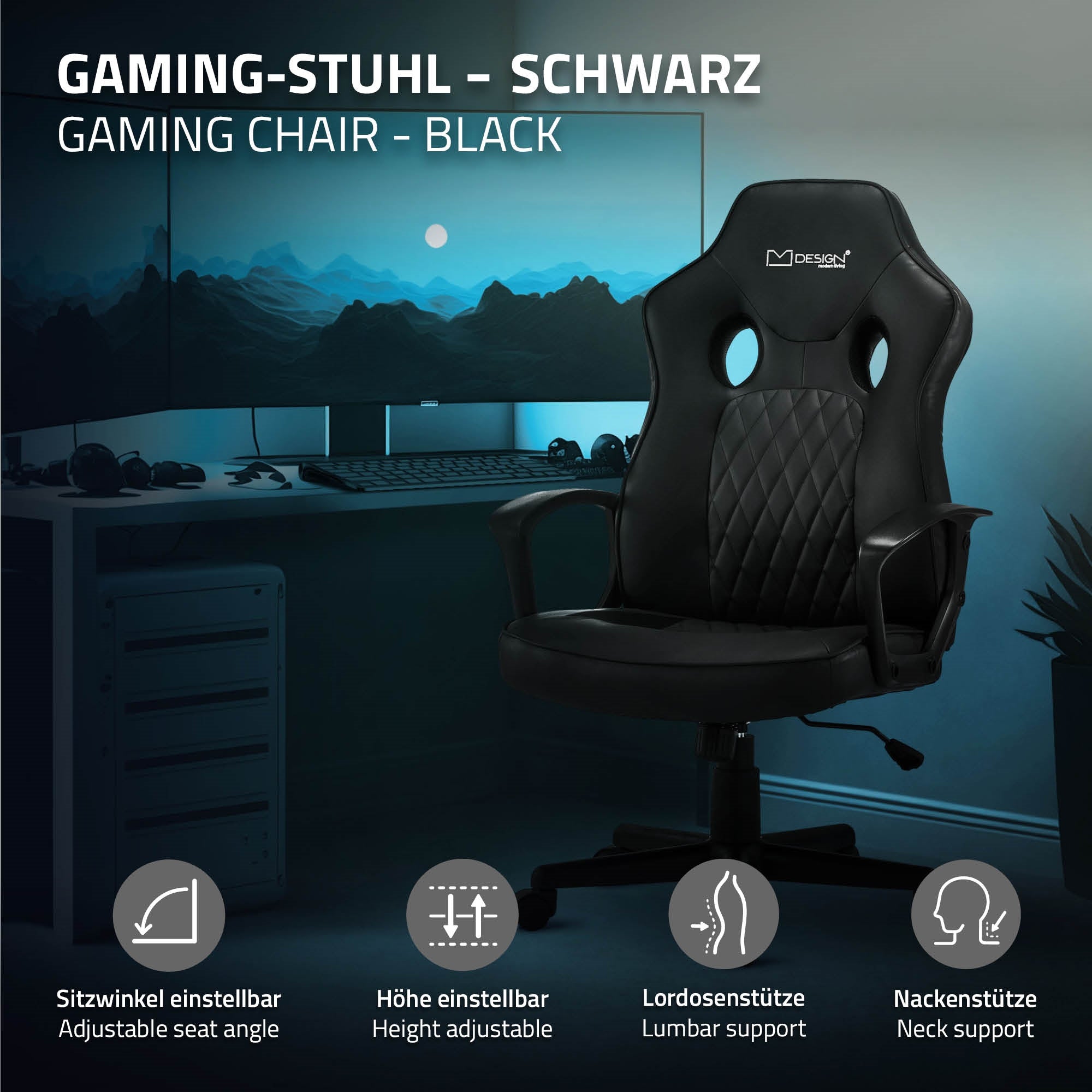 Zwarte gamingstoel met symbolen voor verstelbare functies en ondersteuning.