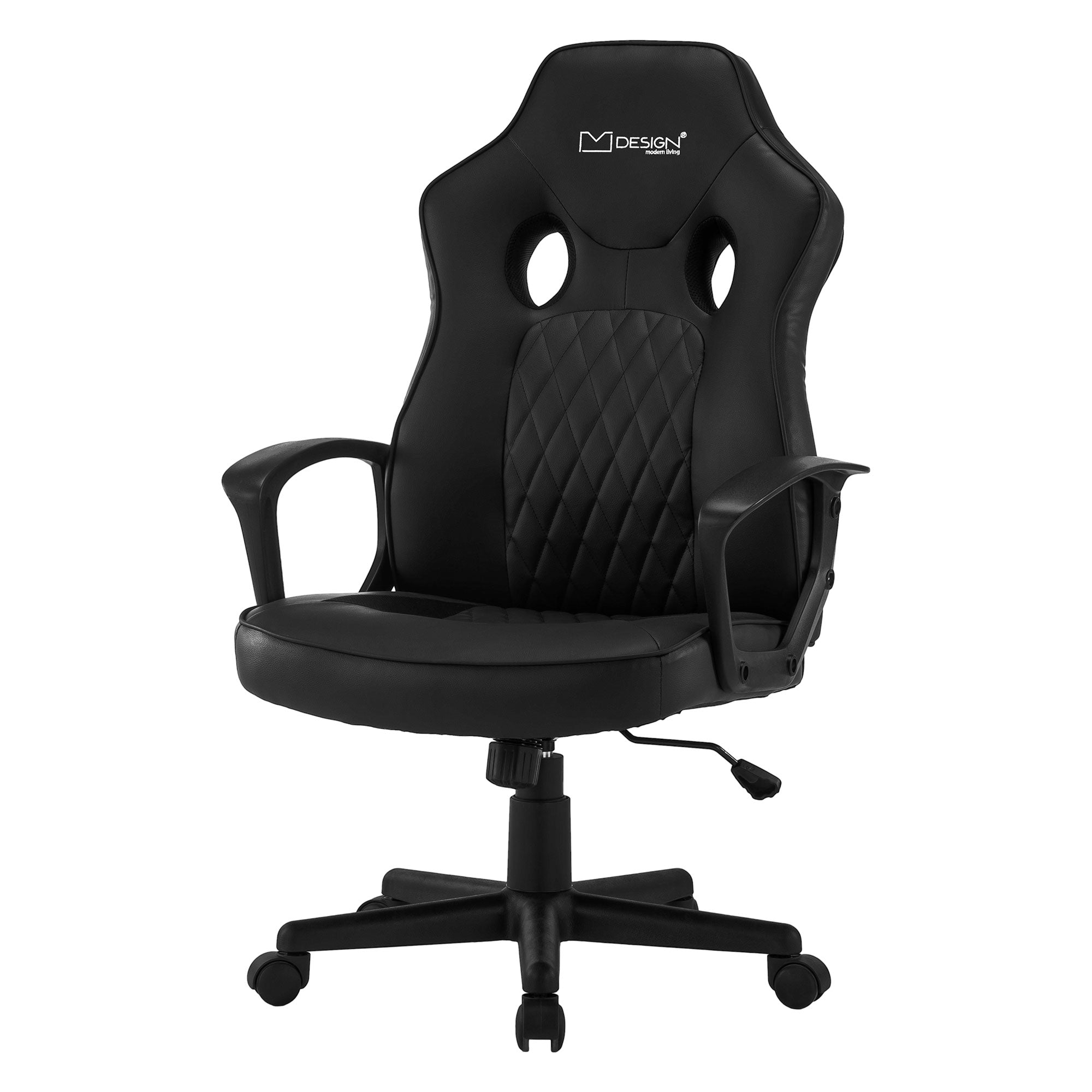 Chaise de gaming noire avec des accents verts, prise de vue de face.