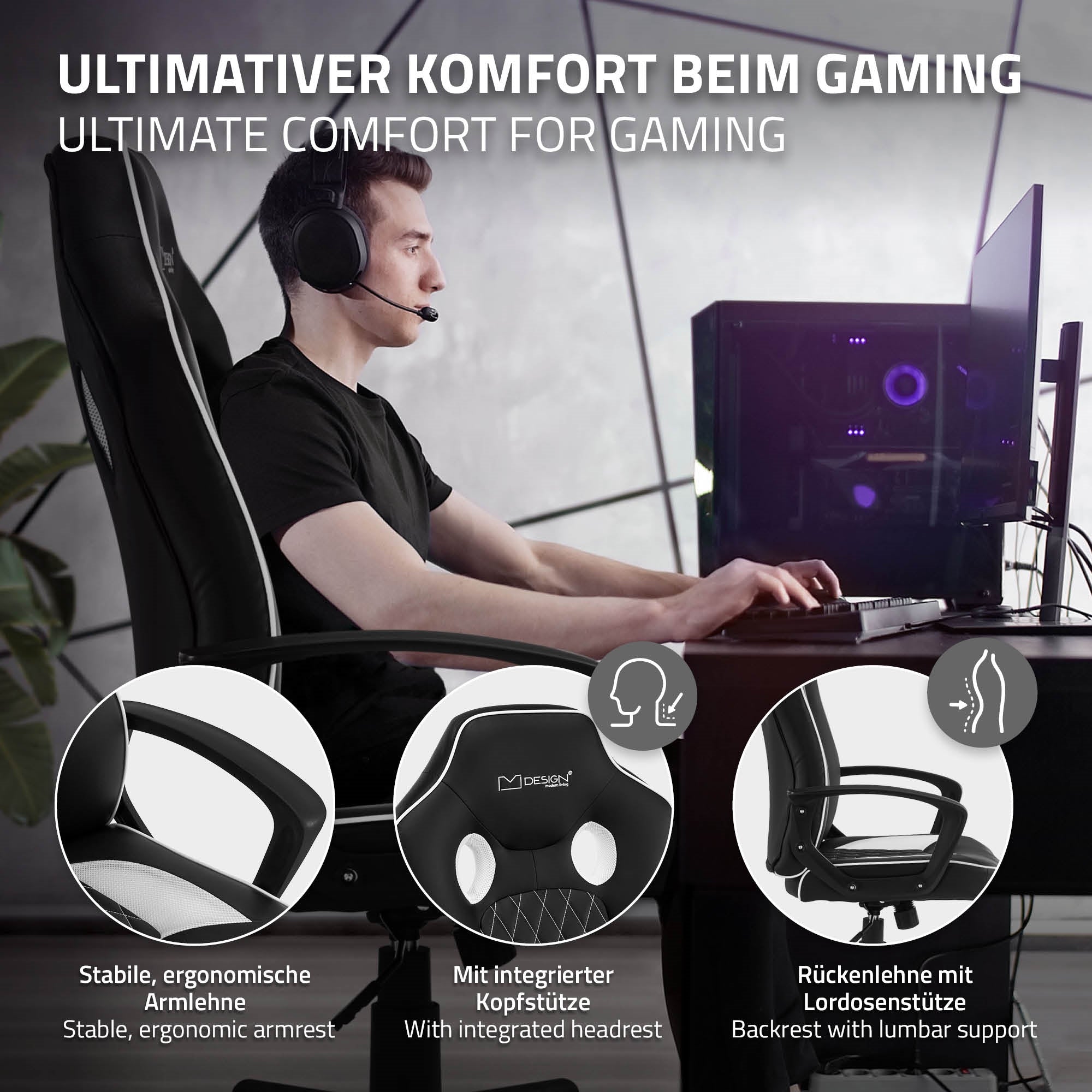 Close-up view of a gaming chair with ergonomic armrests and headrest.