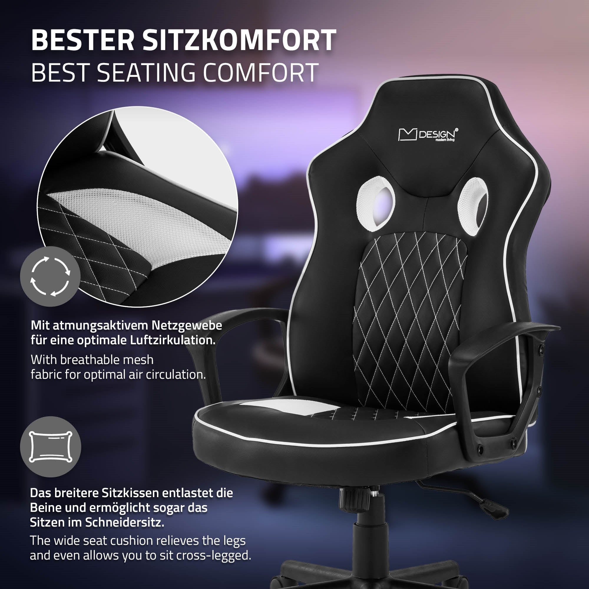 Office chair with breathable mesh fabric and wide seat.