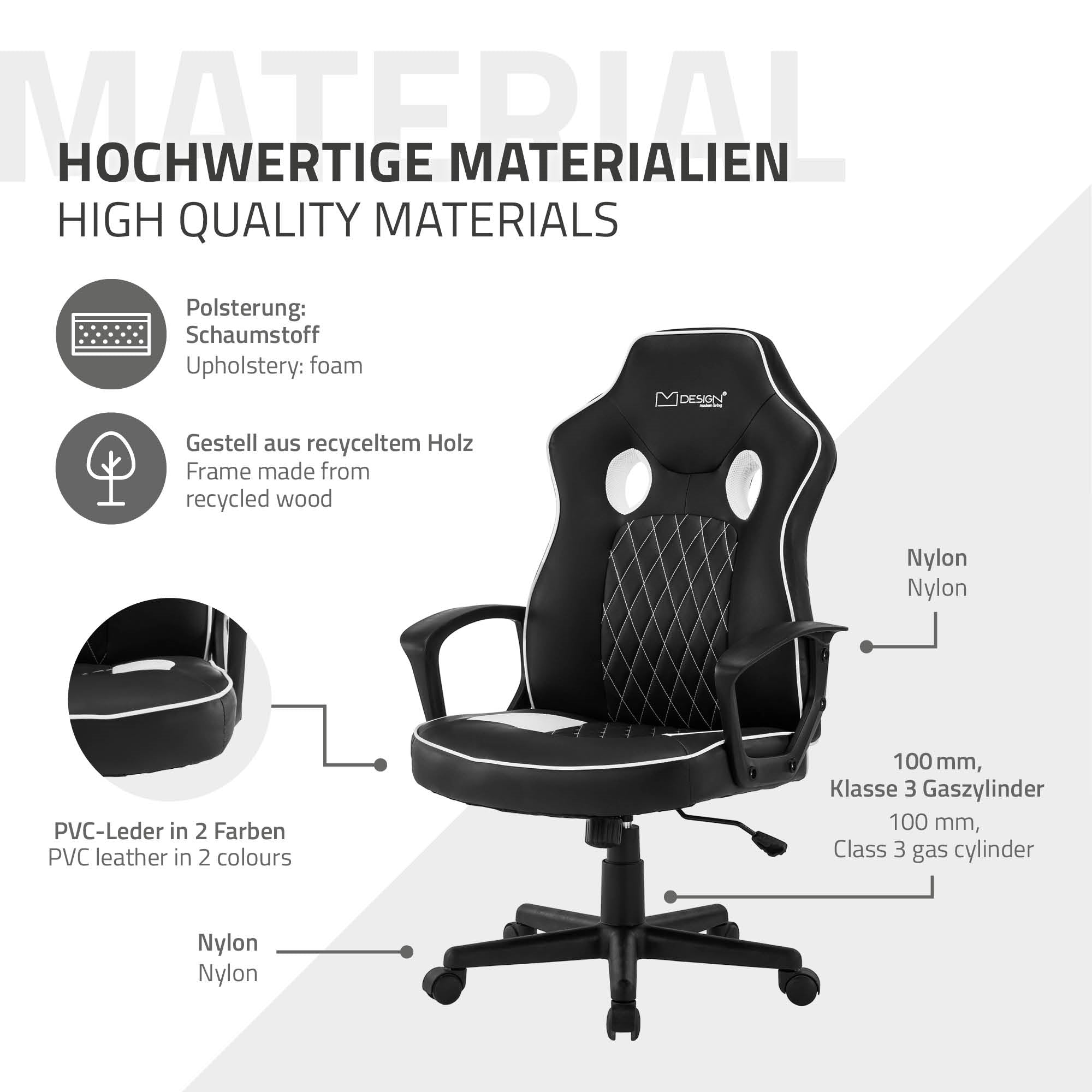 Office chair made of high-quality materials, black and white, with details.