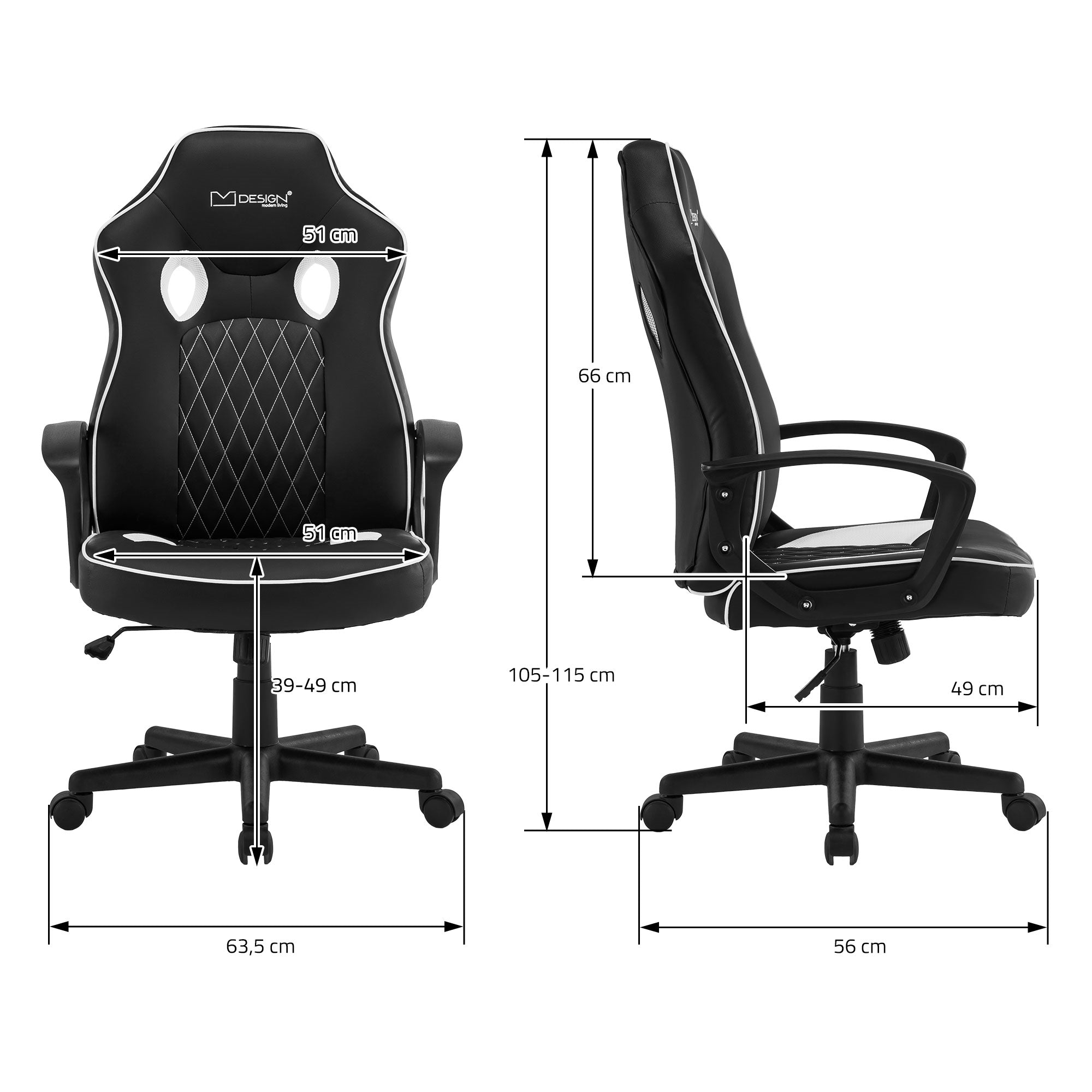 Dimension drawing of the gaming chair with various measurements.