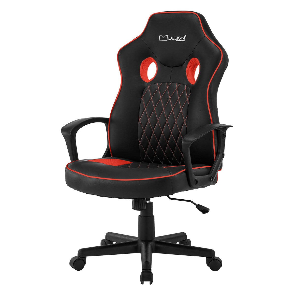 Sort kontorstol med rødt betræk og ergonomiske armlæn.