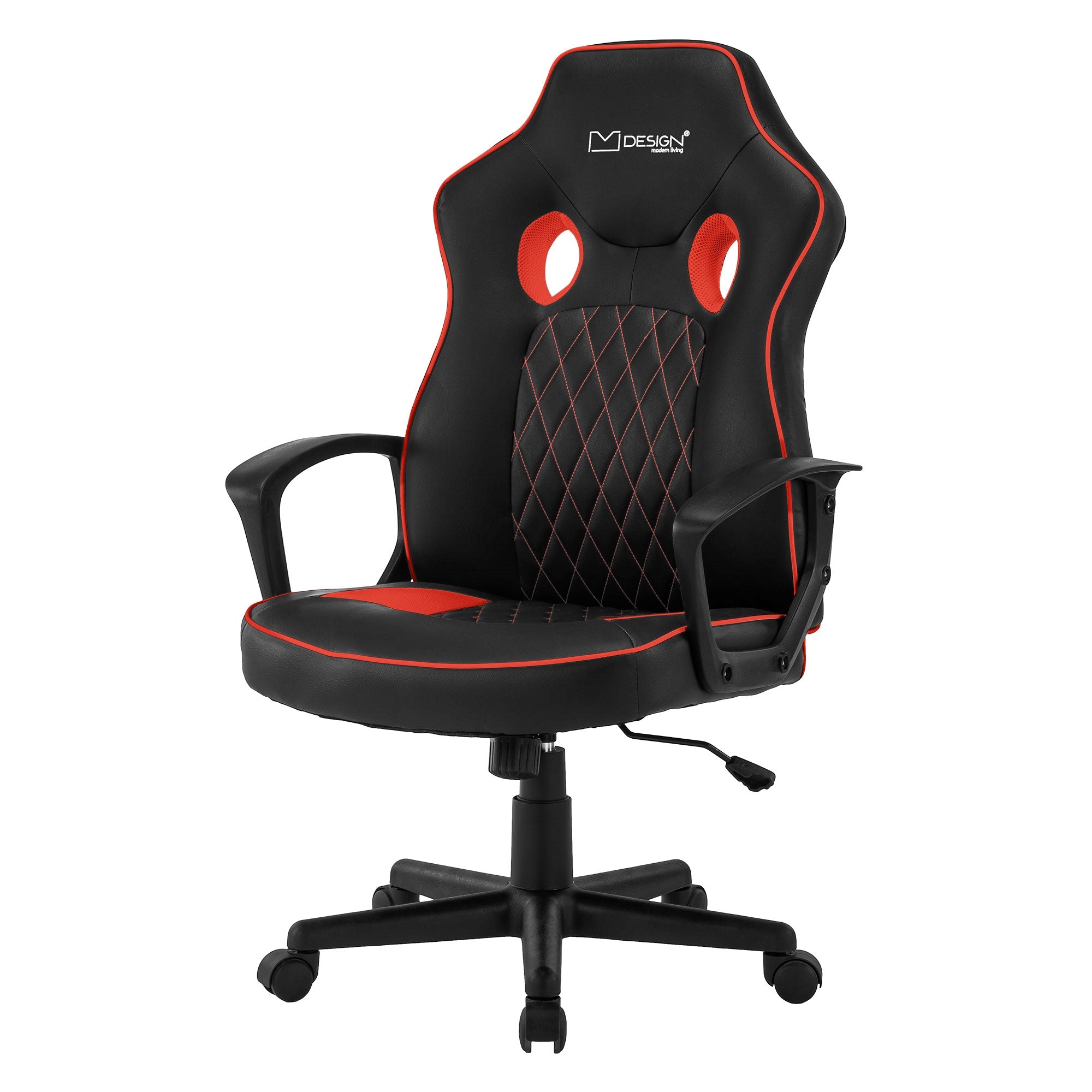 Sort kontorstol med rød betræk og ergonomiske armlæn.