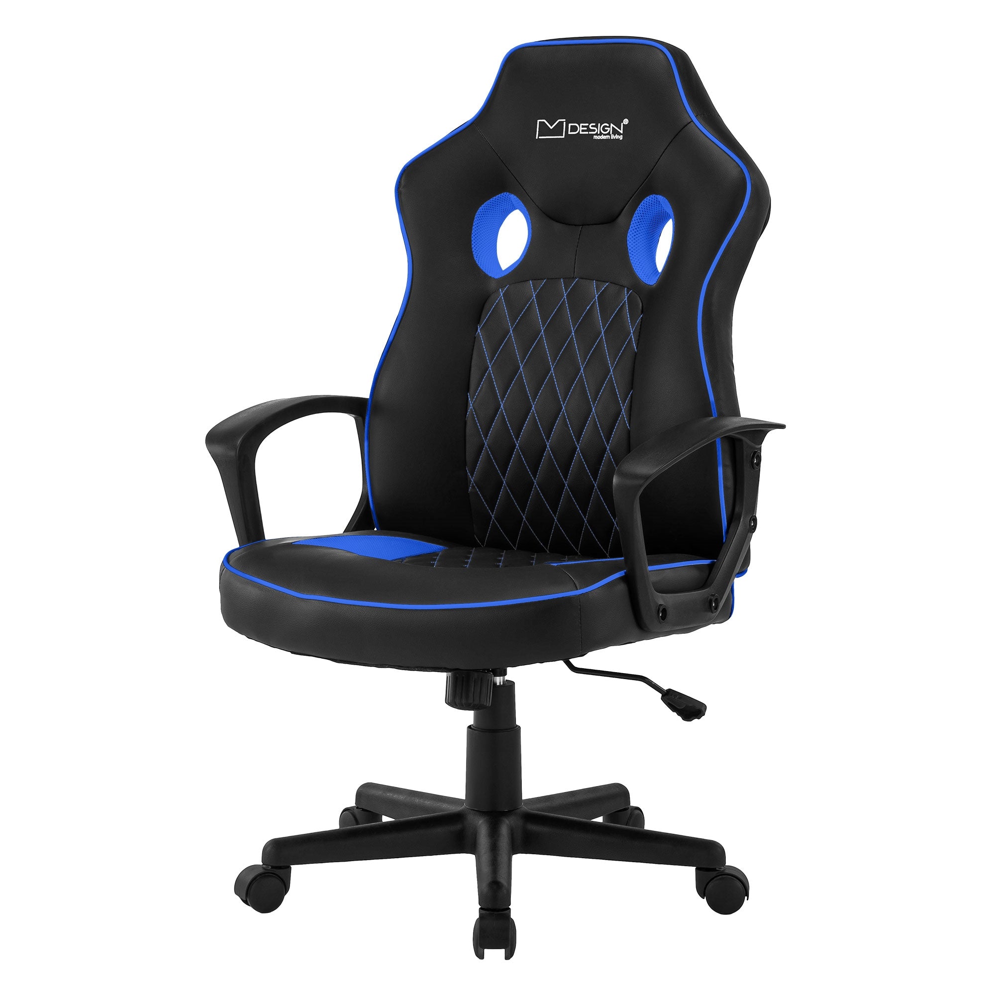 Sort gaming stol med blå accenter, vist forfra.