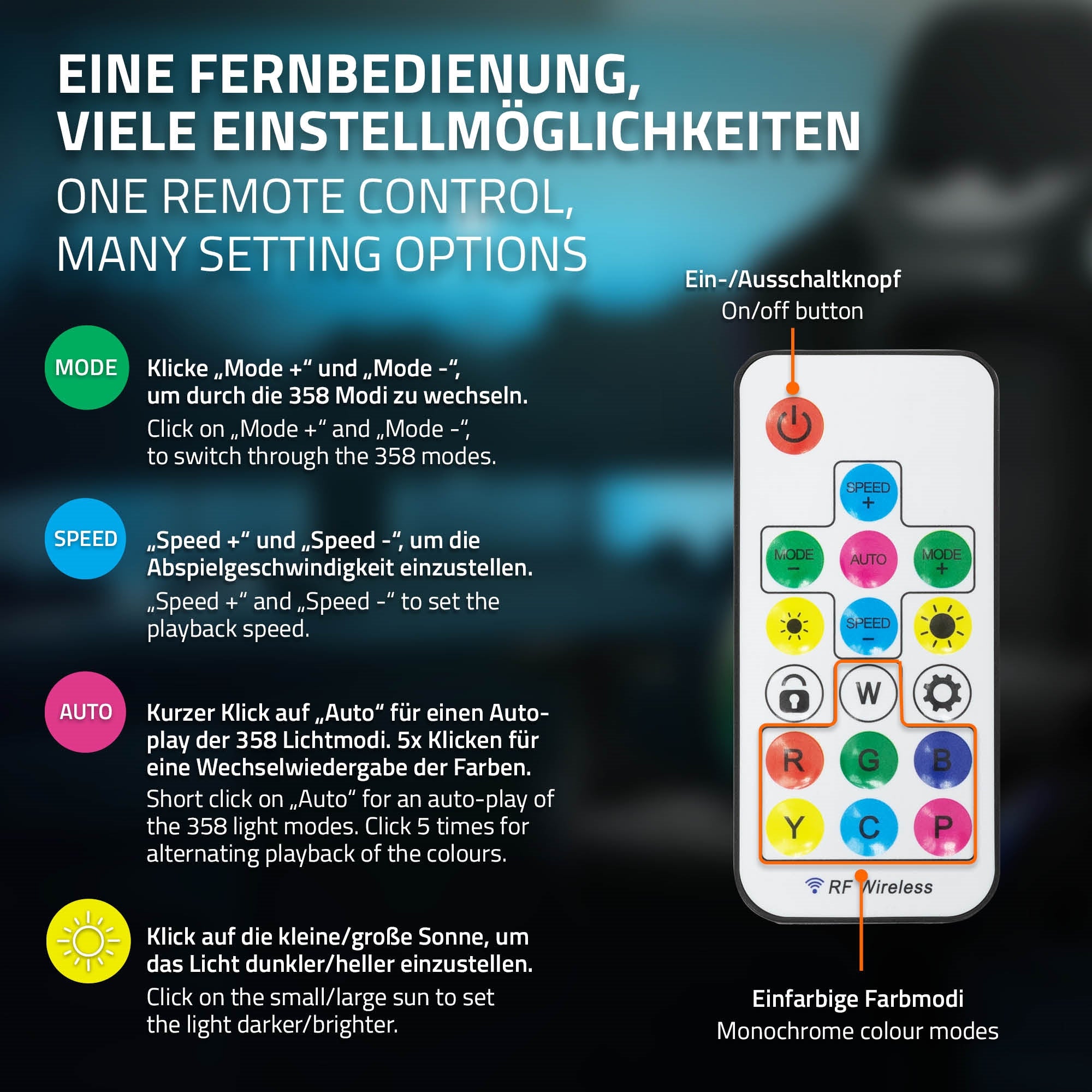 Fernbedienung mit verschiedenen Einstellmöglichkeiten für einen Gaming-Stuhl.