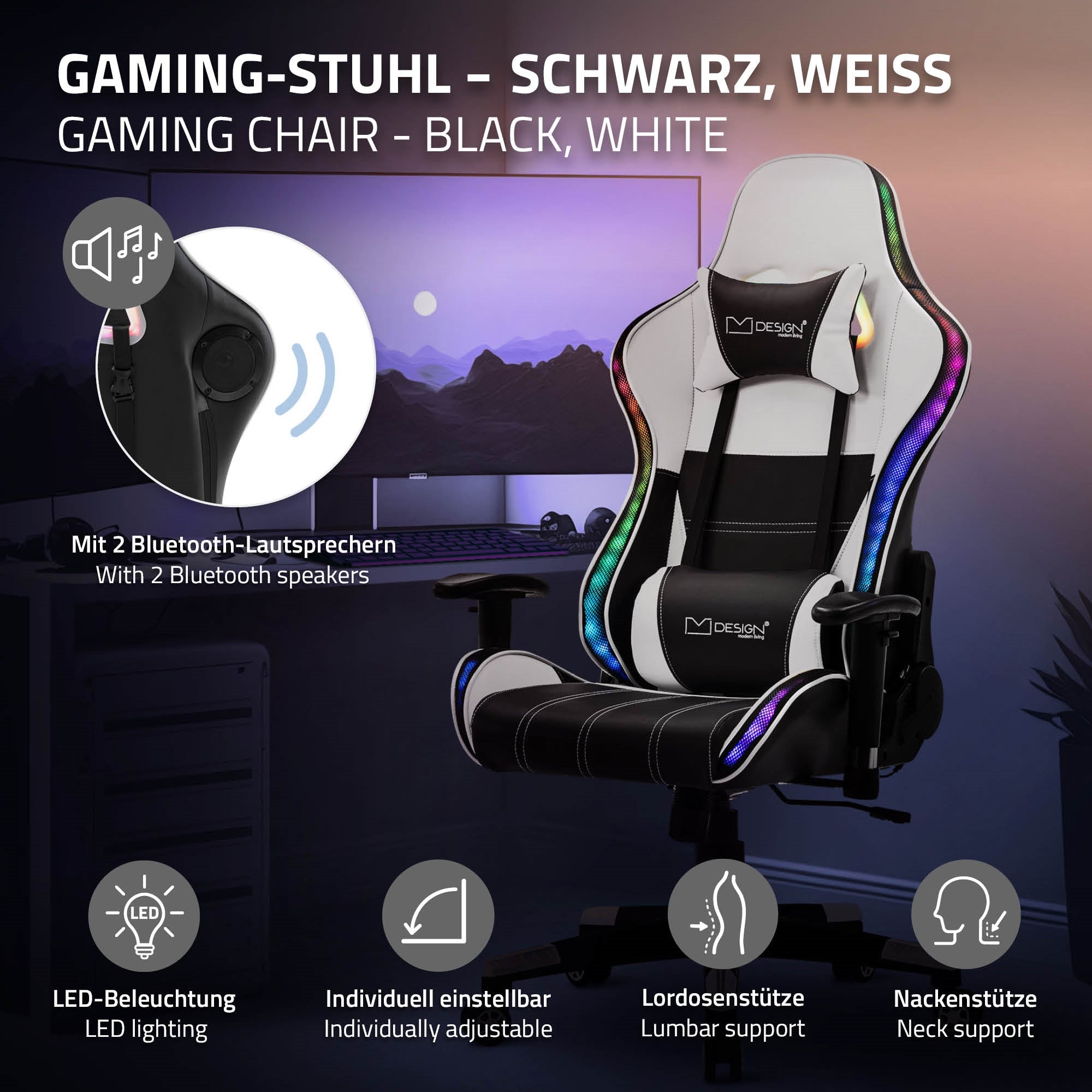 Zwarte en witte gamingstoel met LED-verlichting en verstelbare rugleuning.