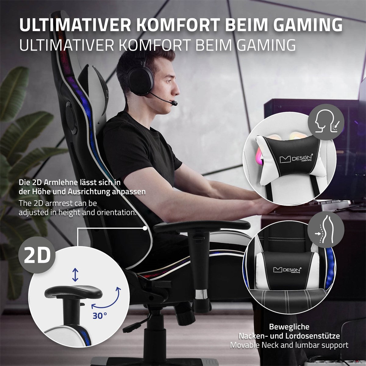 Chaise gaming avec accoudoirs réglables et appui-tête.