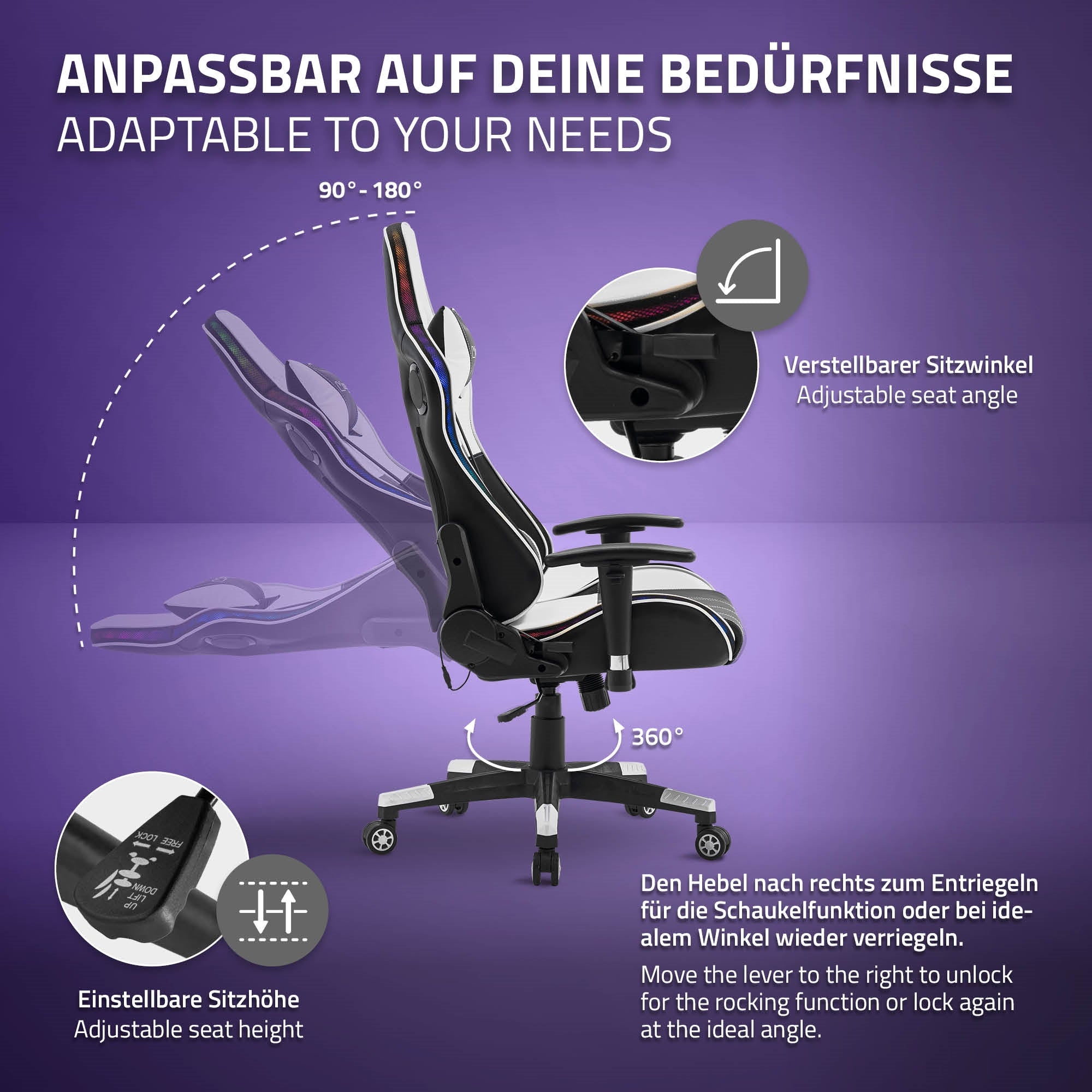Grafiek die de aanpassingsmogelijkheden van een gamingstoel toont.