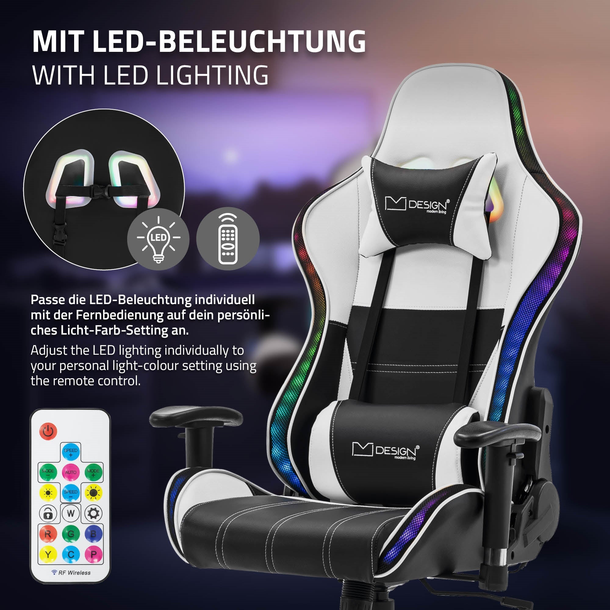 Gamingstoel met LED-verlichting en afstandsbediening voor kleurregeling.