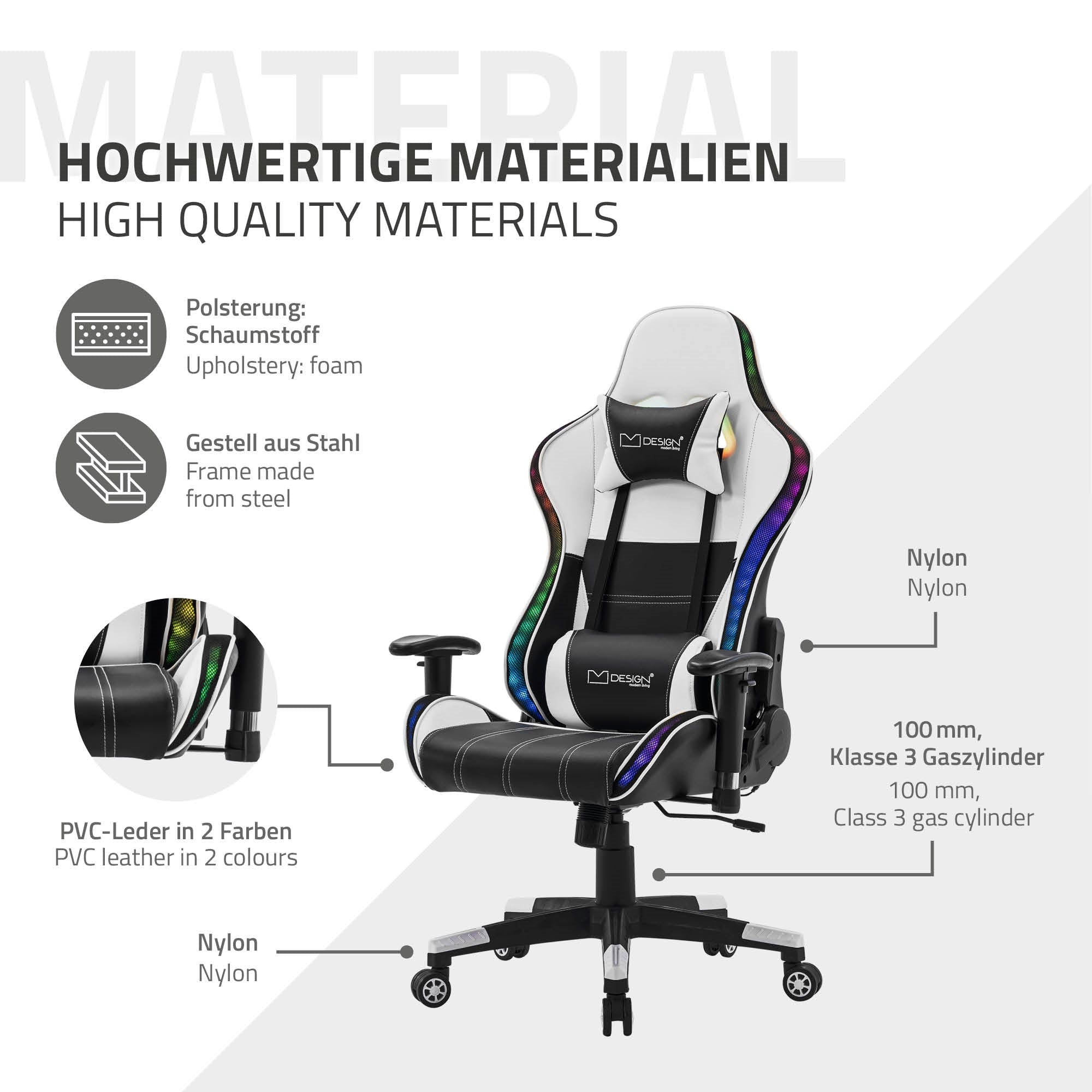 Witte gamingstoel met zwarte bekleding en Bluetooth-luidsprekers.