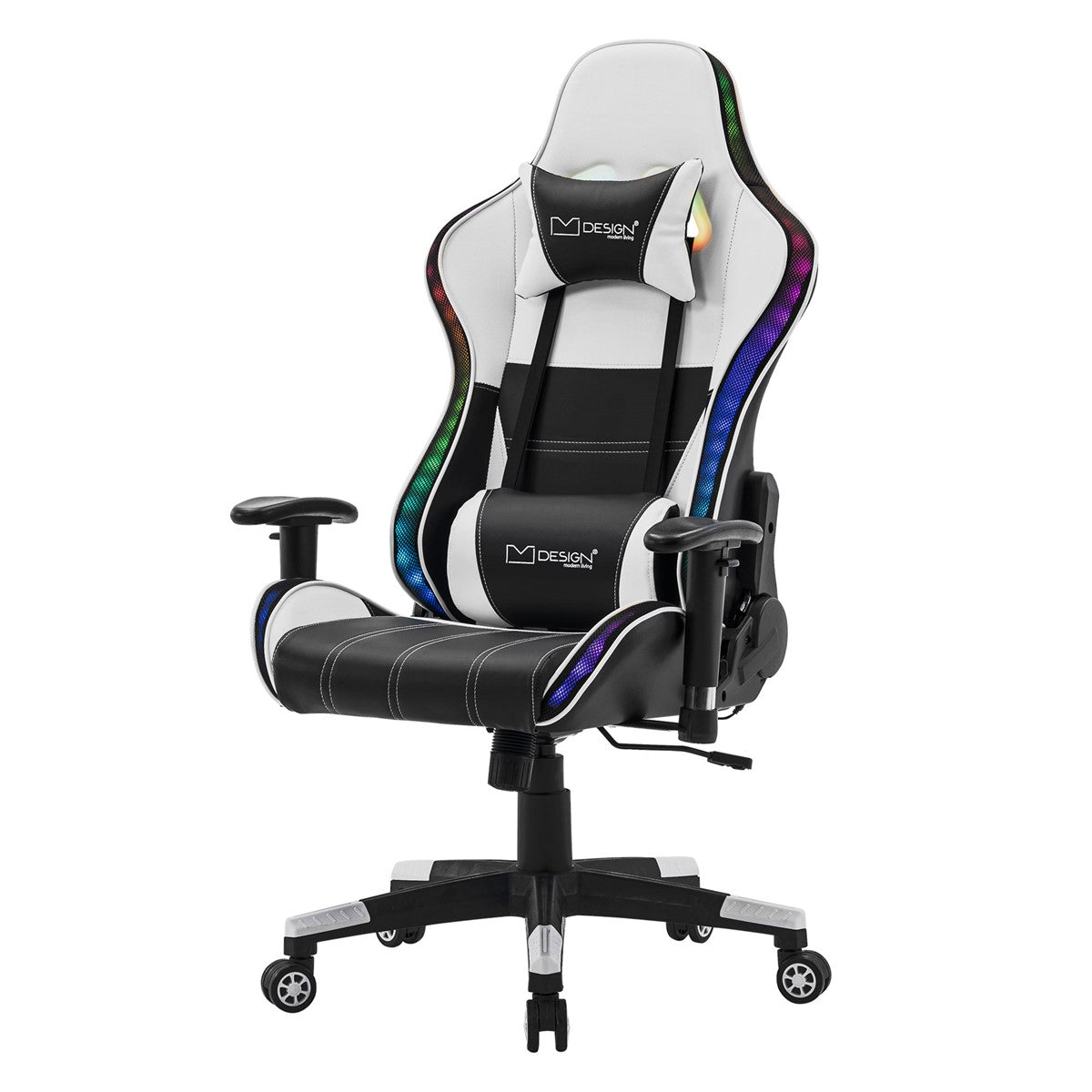 Silla gaming blanca y negra con luces LED de colores.