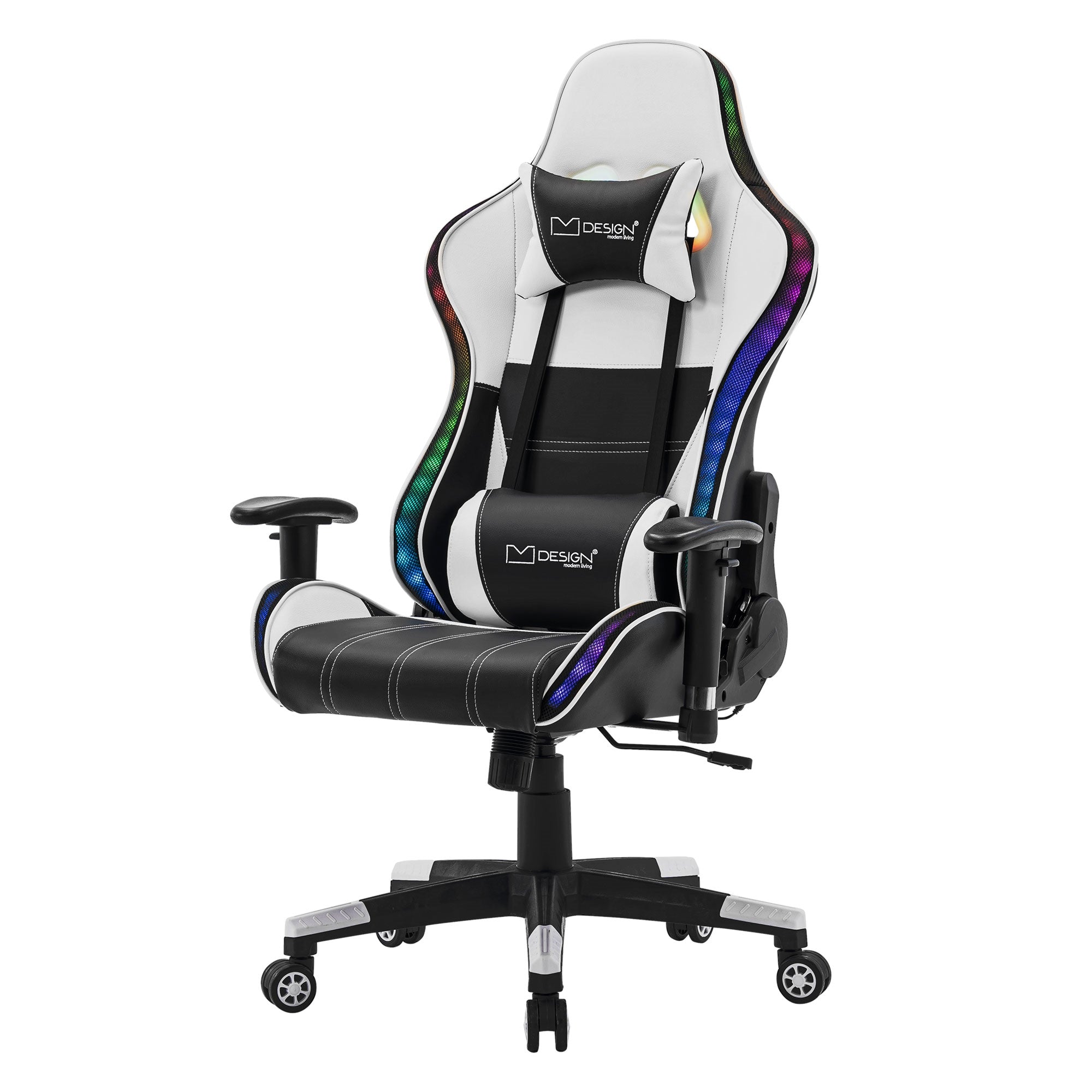 Gaming-Stuhl in Weiß und Schwarz mit bunten LED-Leuchten.