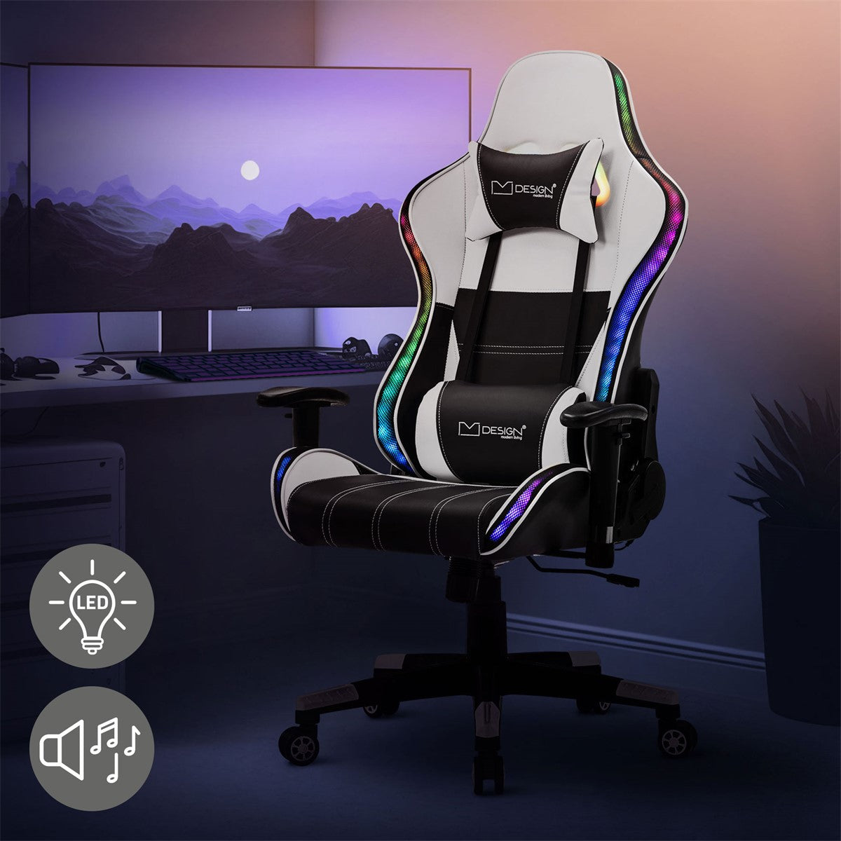 Una silla gaming blanca con iluminación LED frente a una pantalla de ordenador.