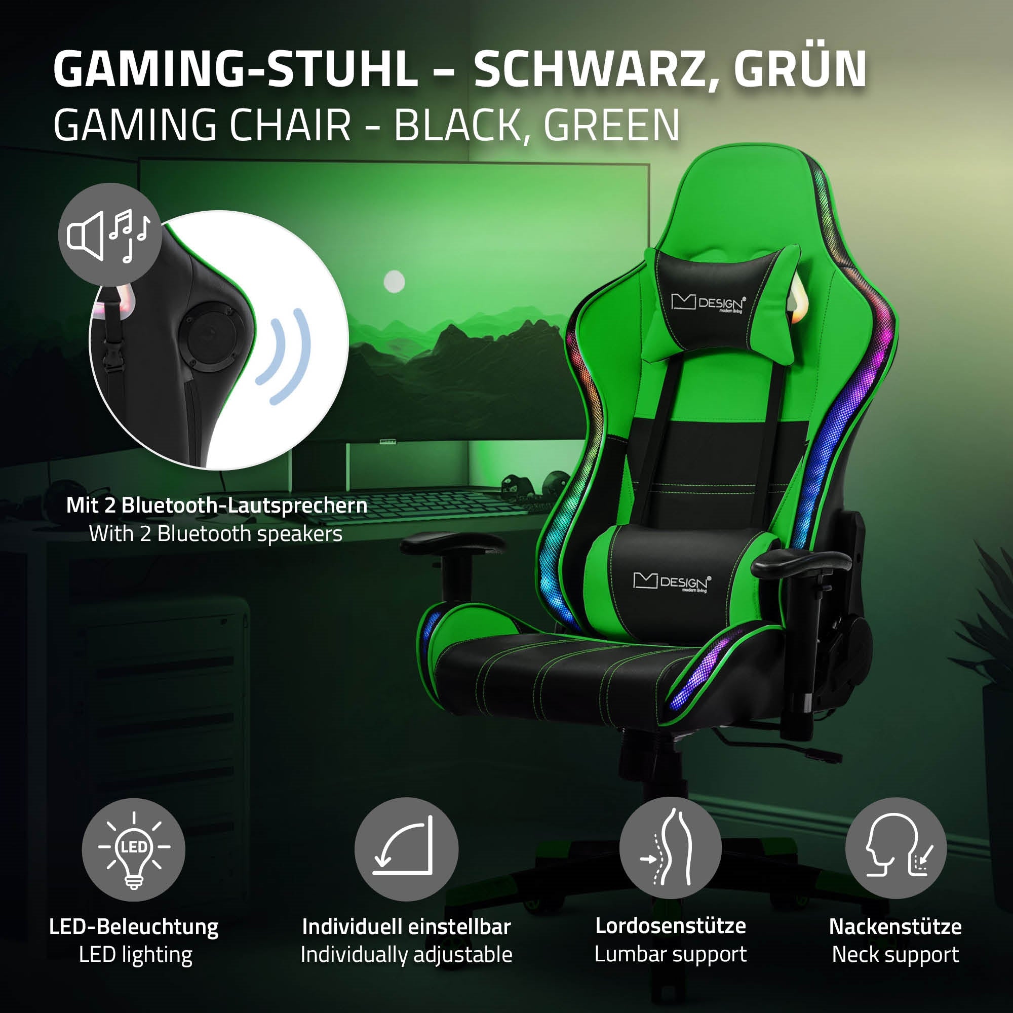 Zwarte en groene gamingstoel met LED-verlichting en Bluetooth-luidsprekers.