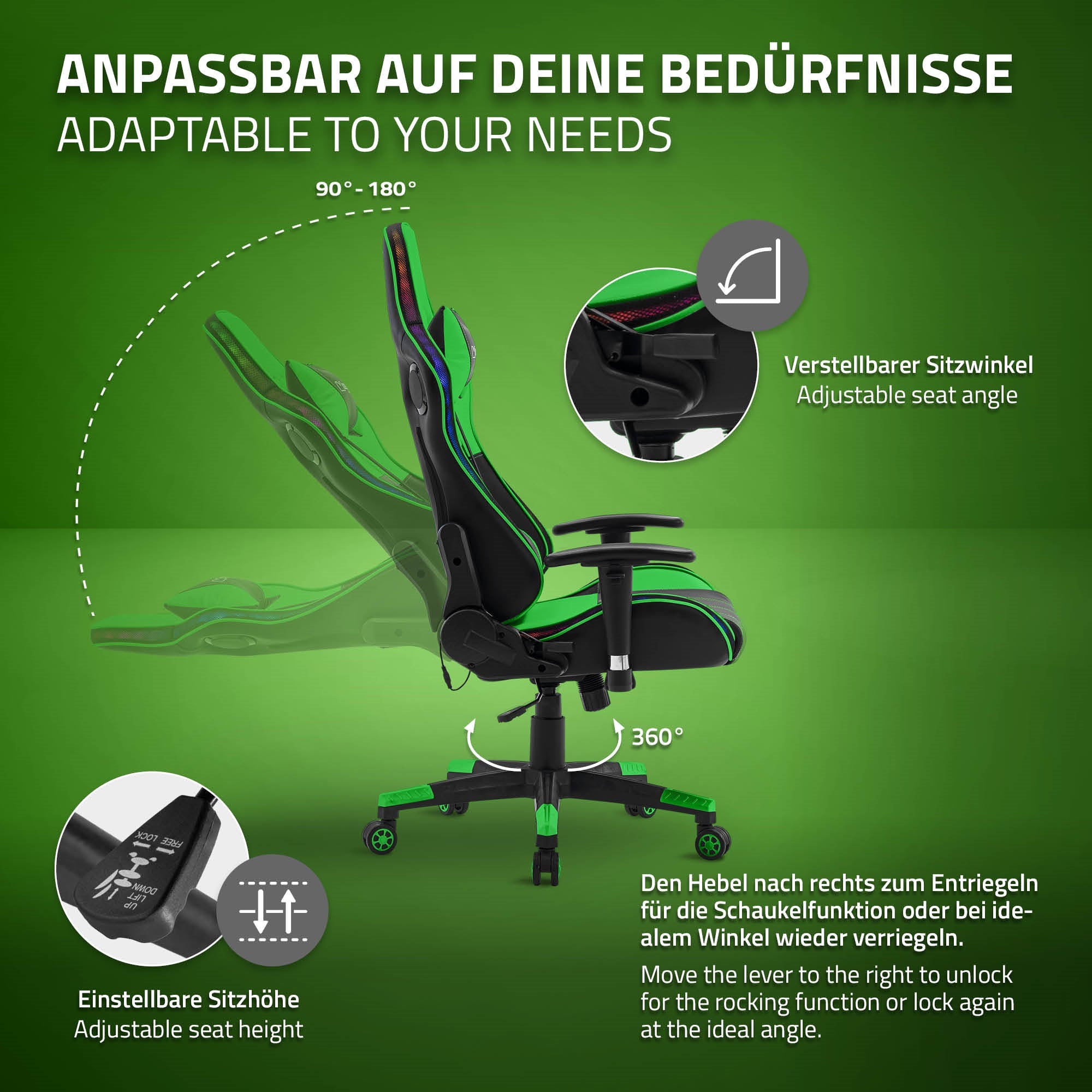 Grafika egy állítható gaming székről és funkciókról német nyelven.