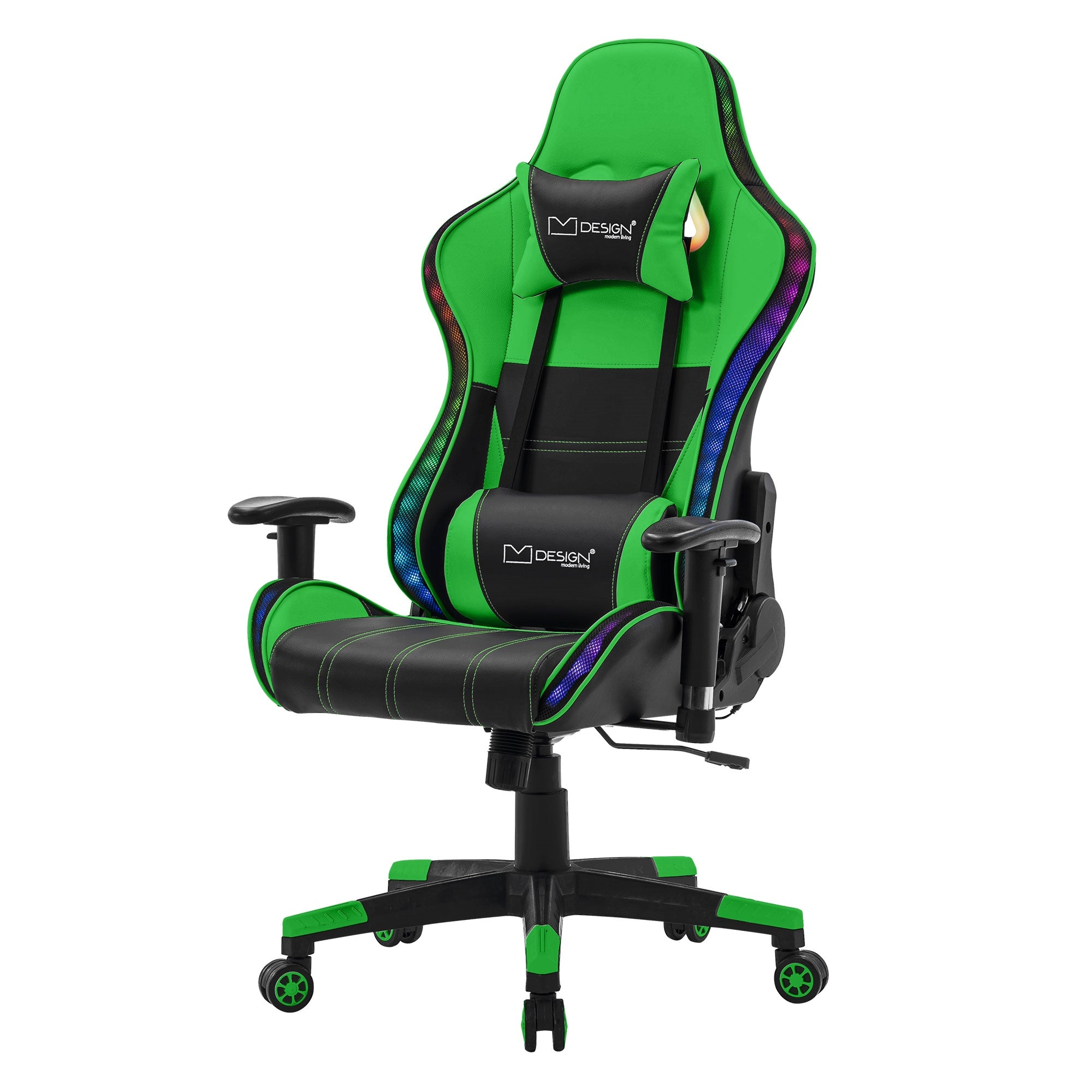 Gamingstoel in groen en zwart met verstelbare armleuningen.