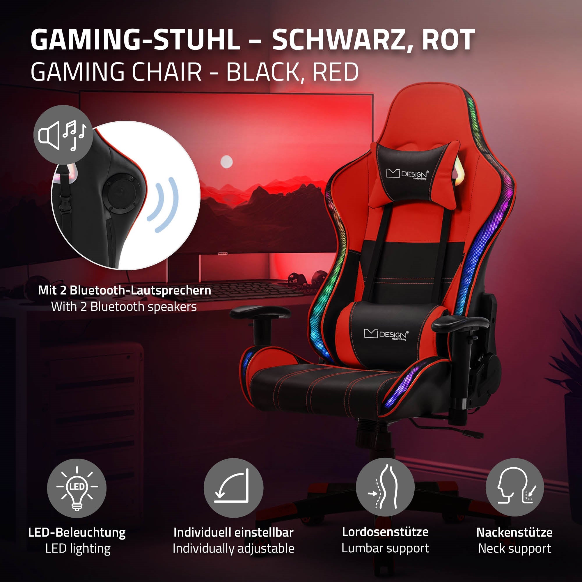 Gamingstoel in zwart en rood met Bluetooth-luidsprekers.