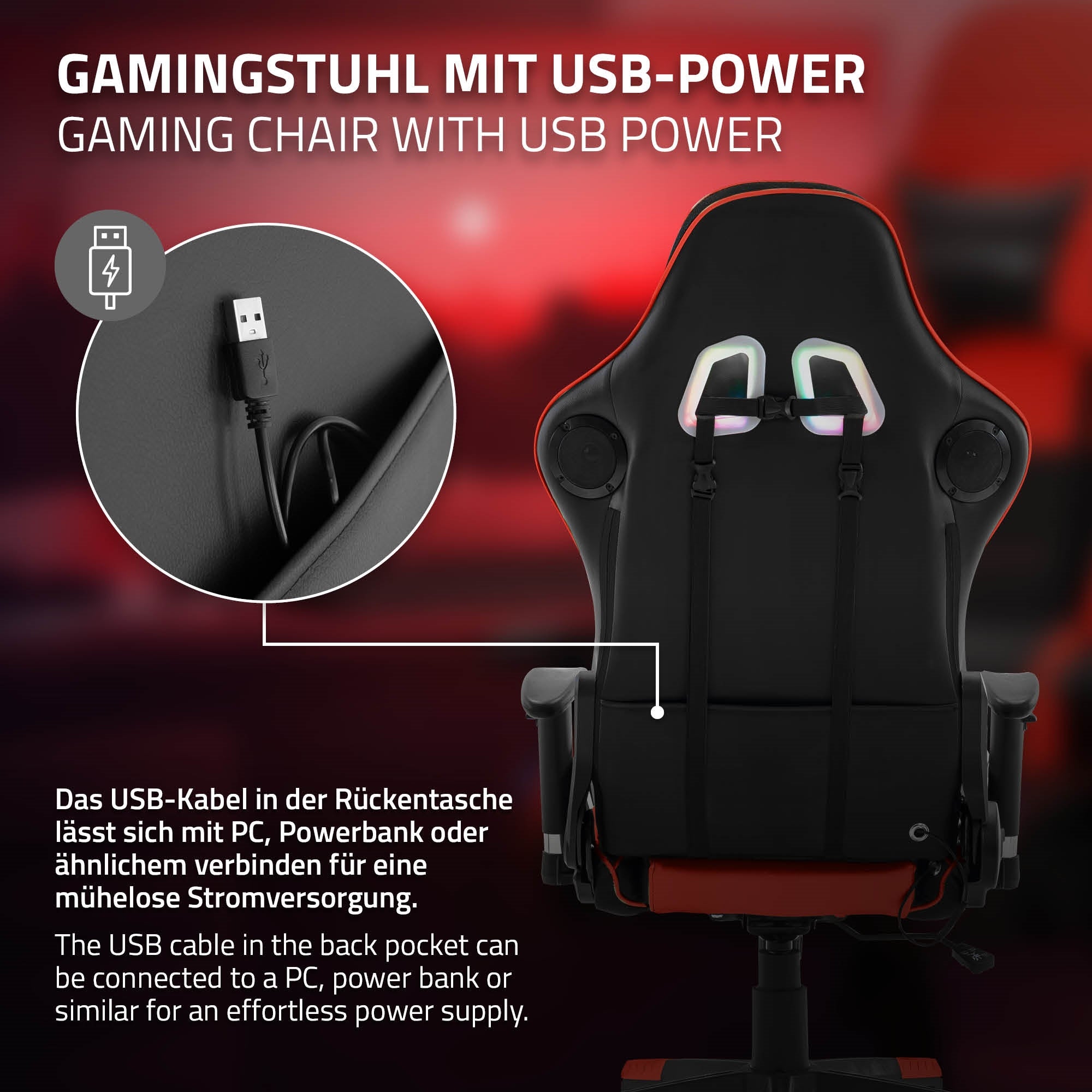 Grafik viser USB-tilslutningsmulighederne på en gamingstol.