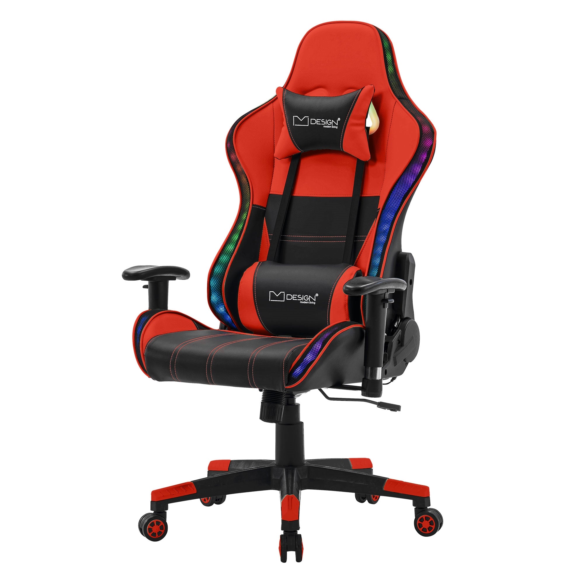 Roter Gaming-Stuhl mit schwarzem Bezug und verstellbaren Armlehnen.