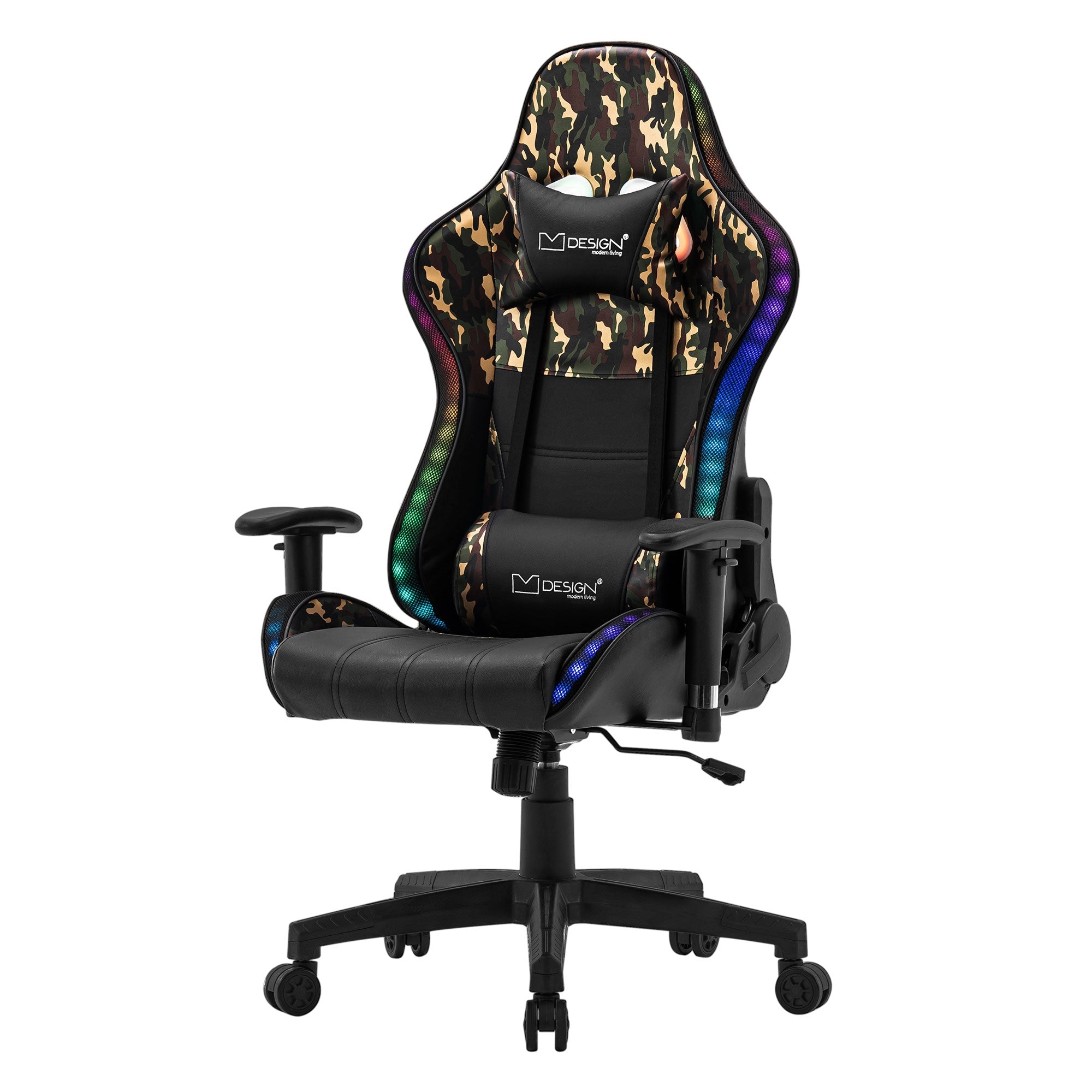 Gaming-Stuhl mit Camouflage-Muster und LED-Beleuchtung.