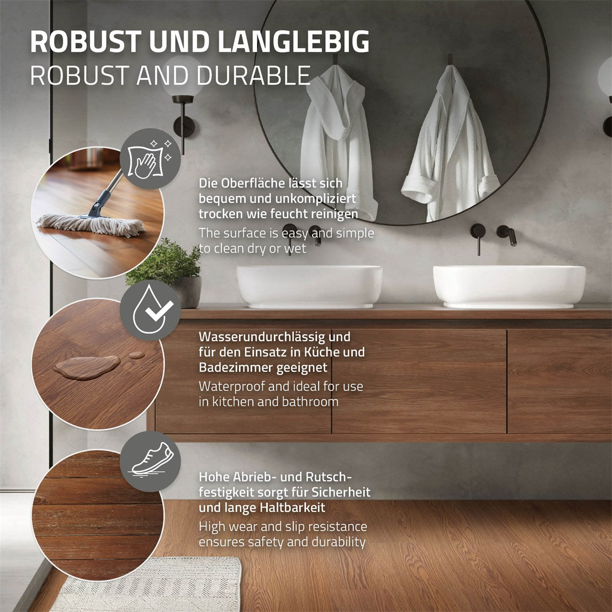 Dřevěný povrch se dvěma umyvadly a zrcadlem v koupelně.