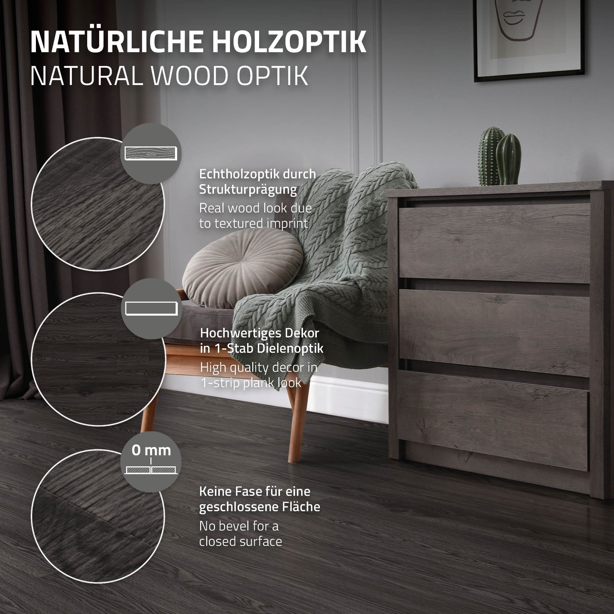 Wood look with structure embossing, high-quality plank look, no bevel.