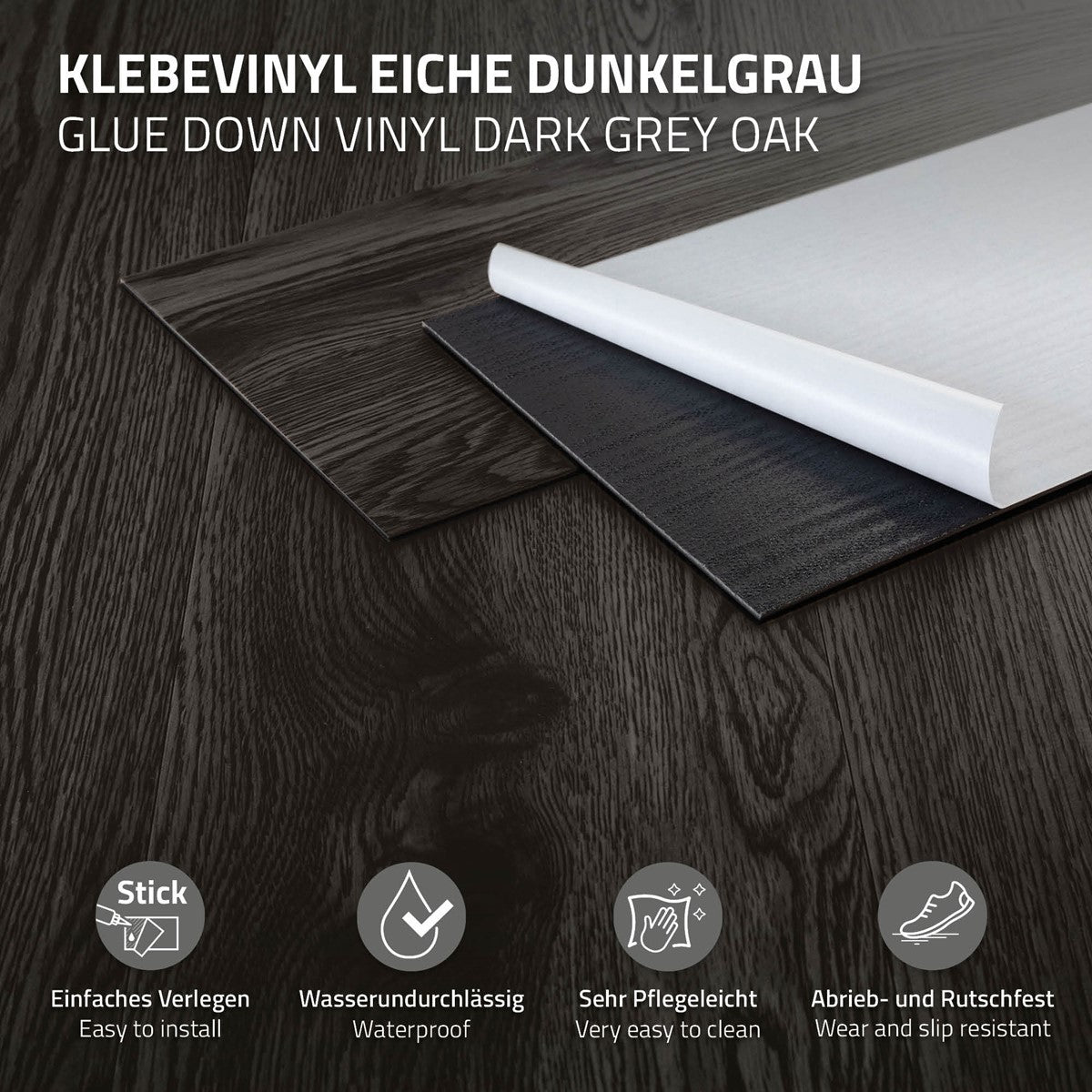 Dunkelgraues Klebevinyl auf einem Holzuntergrund, mit Symbolen für Wasserfestigkeit und Pflegeleichtigkeit.