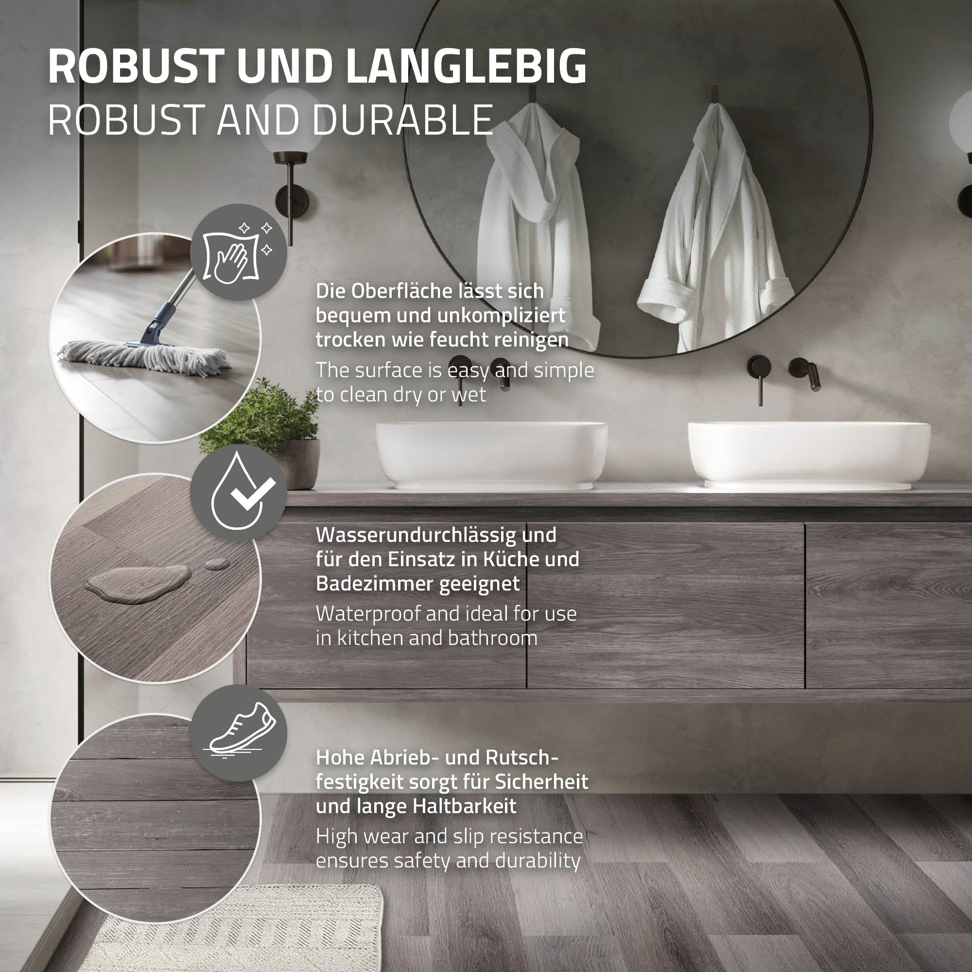 Zwei Waschbecken auf einem Holzschrank, Spiegel und Beleuchtung im Hintergrund.